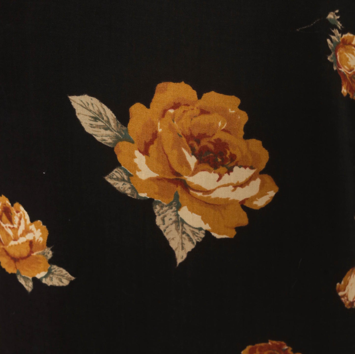 90s Black Floral Shift Dress Mustard Rose Print Cotton Crew Neck Medium M