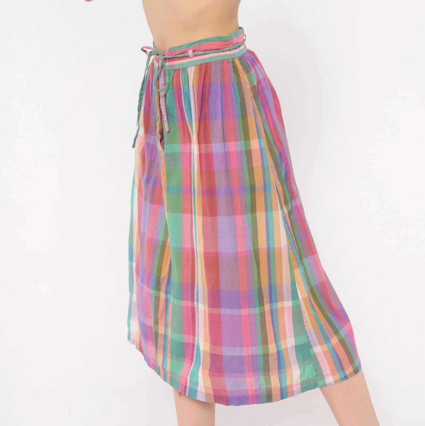 80s Michel Madras Plaid Cotton Midi Skirt Gathered A-Line Pink Teal Small