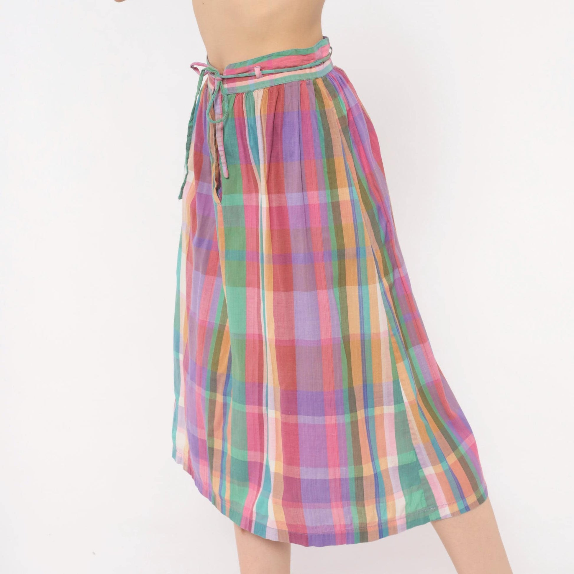 80s Michel Madras Plaid Cotton Midi Skirt Gathered A-Line Pink Teal Small