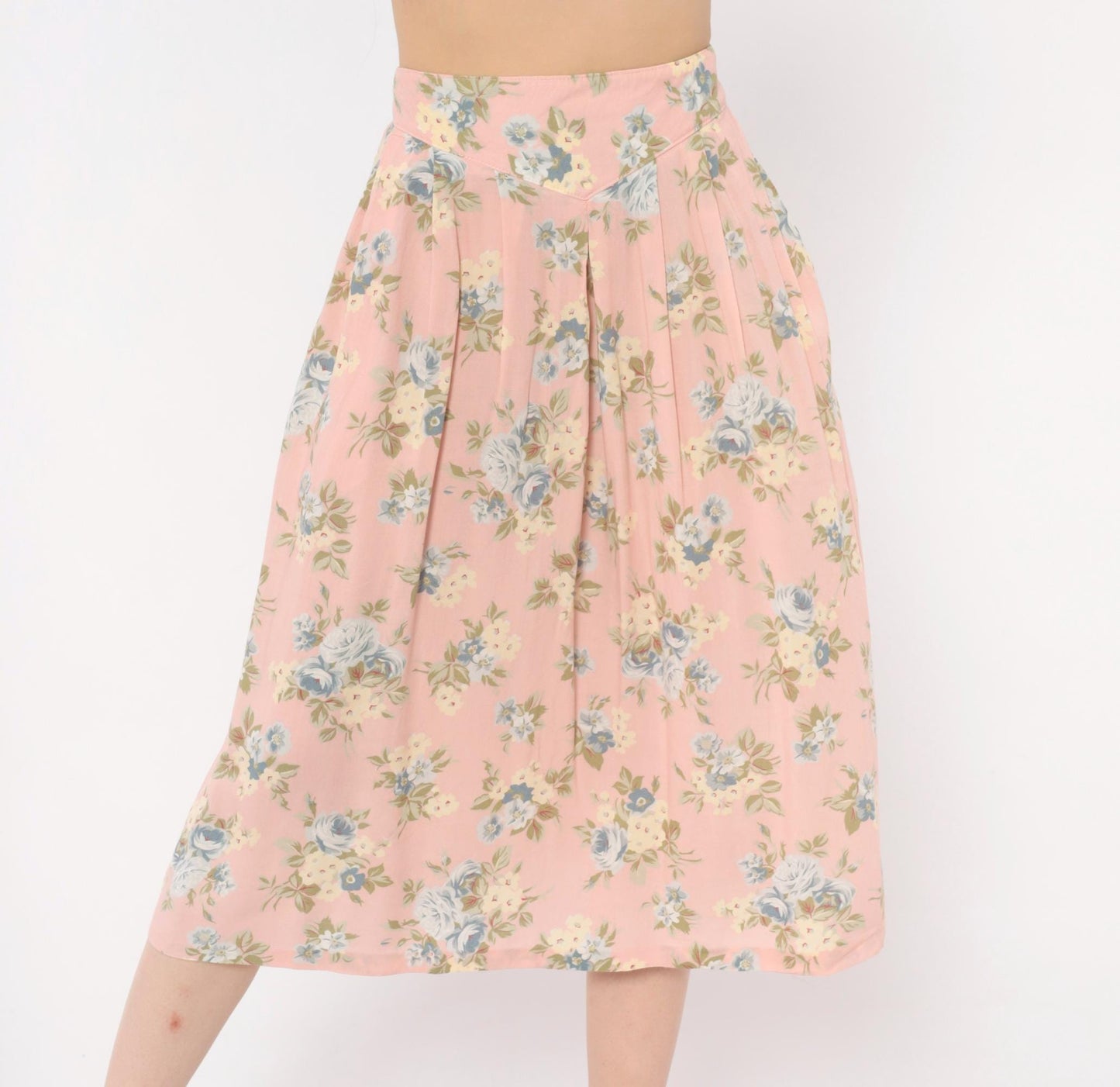 90s Russ Petites Floral Pleated Skirt Pink Rose Blue Cotton A-Line Medium