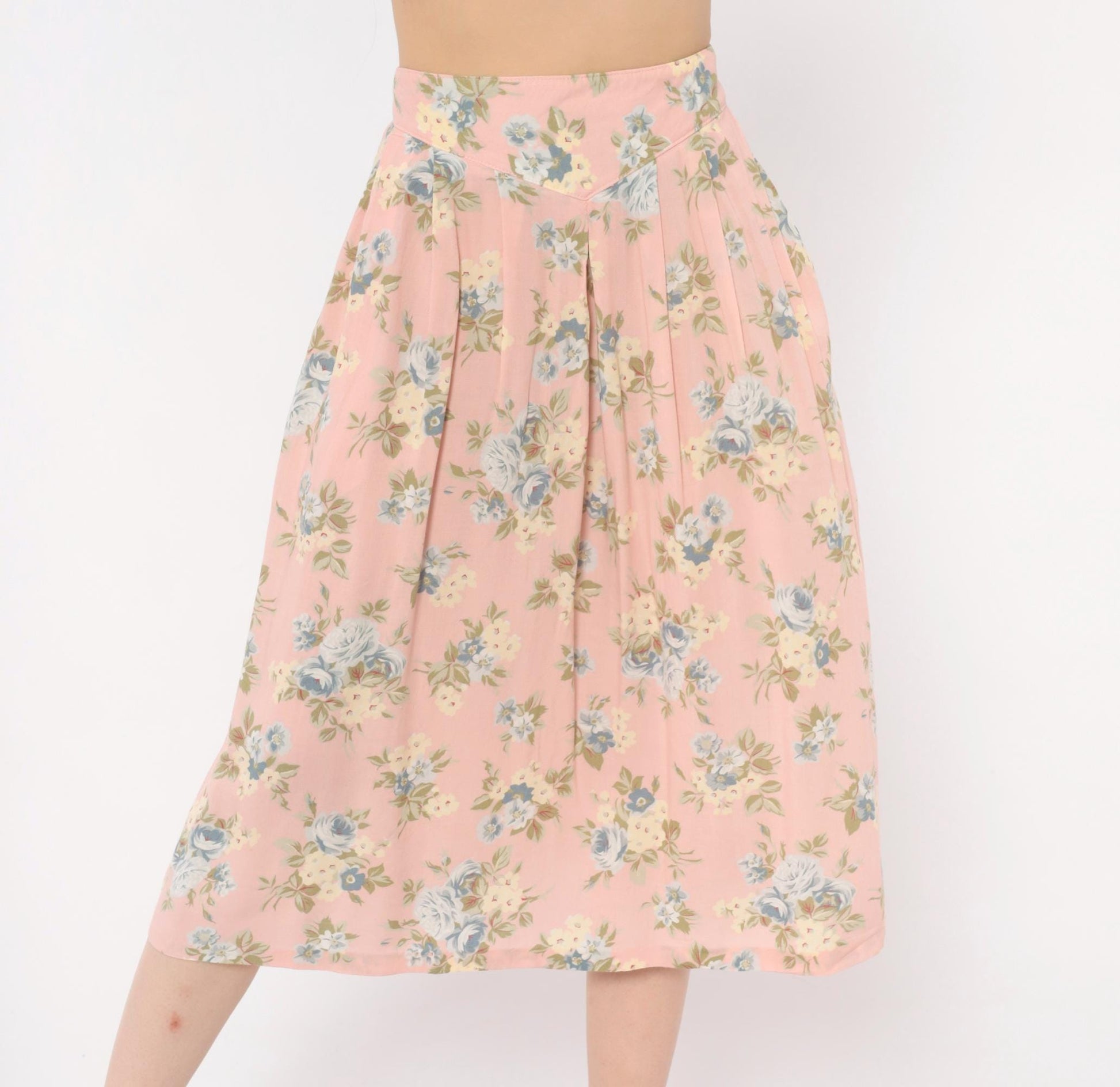 90s Russ Petites Floral Pleated Skirt Pink Rose Blue Cotton A-Line Medium