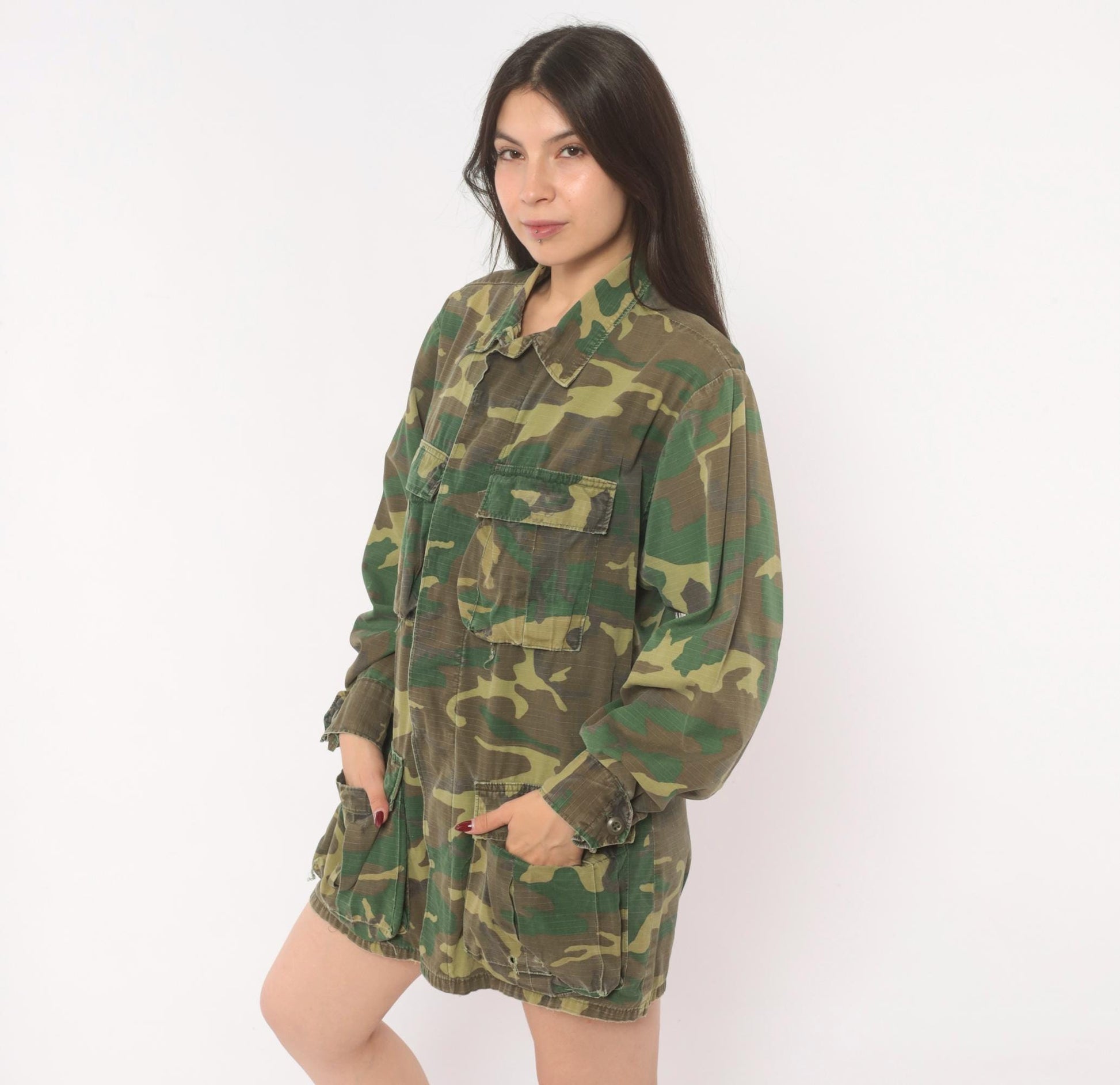 90s Woodland Camouflage Field Jacket Cotton Button Front Medium