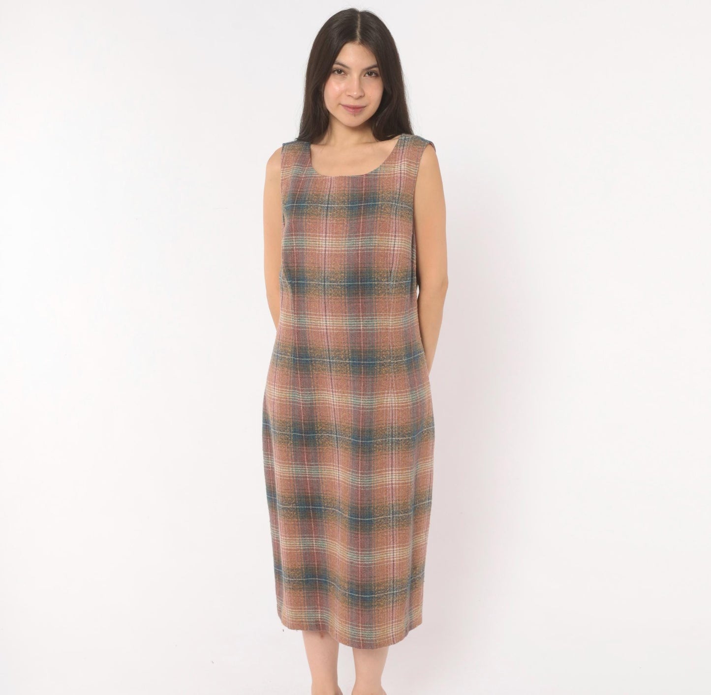 Y2K Chadwicks Plaid Wool Midi Dress Sleeveless A-Line Pink Teal Large L
