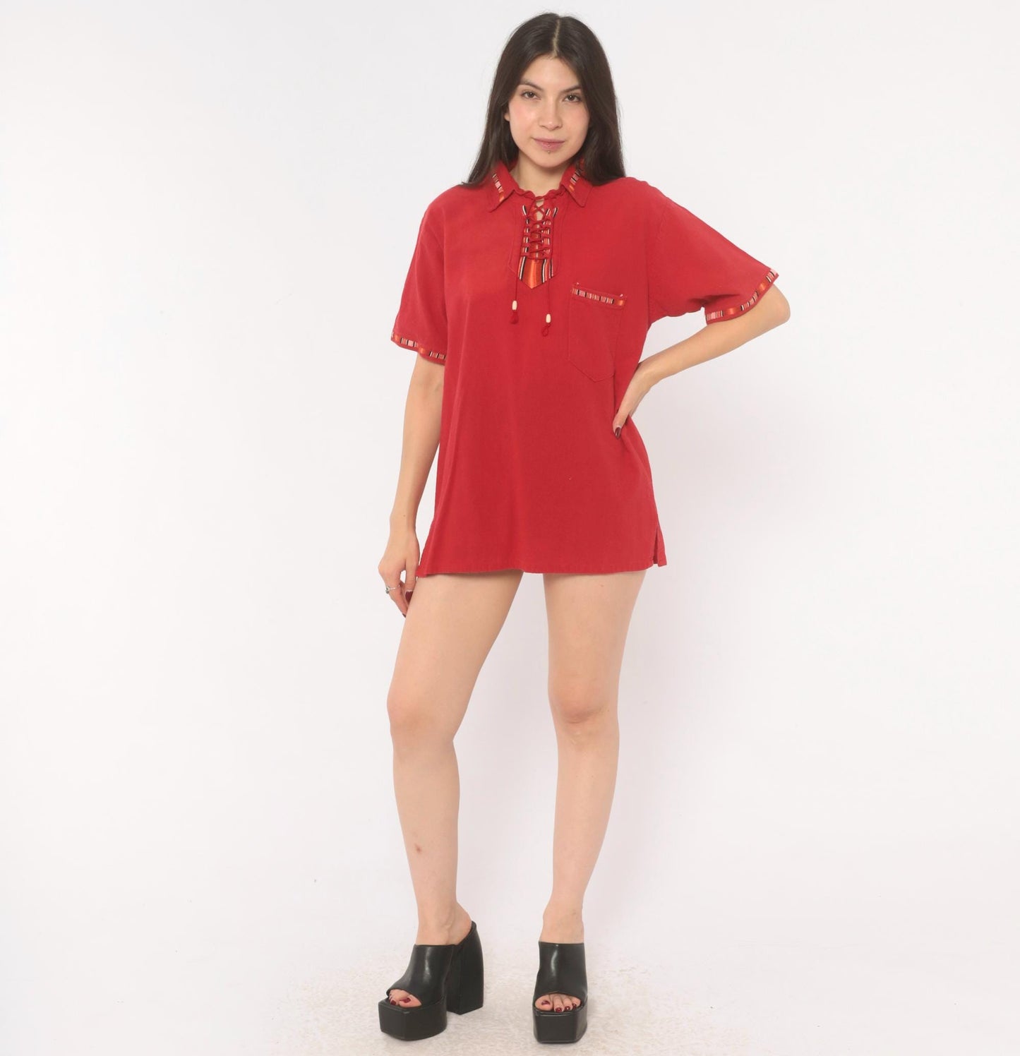 90s Red Cotton Lace-Up Tunic Shirt Southwestern Woven Trim Tassels Medium