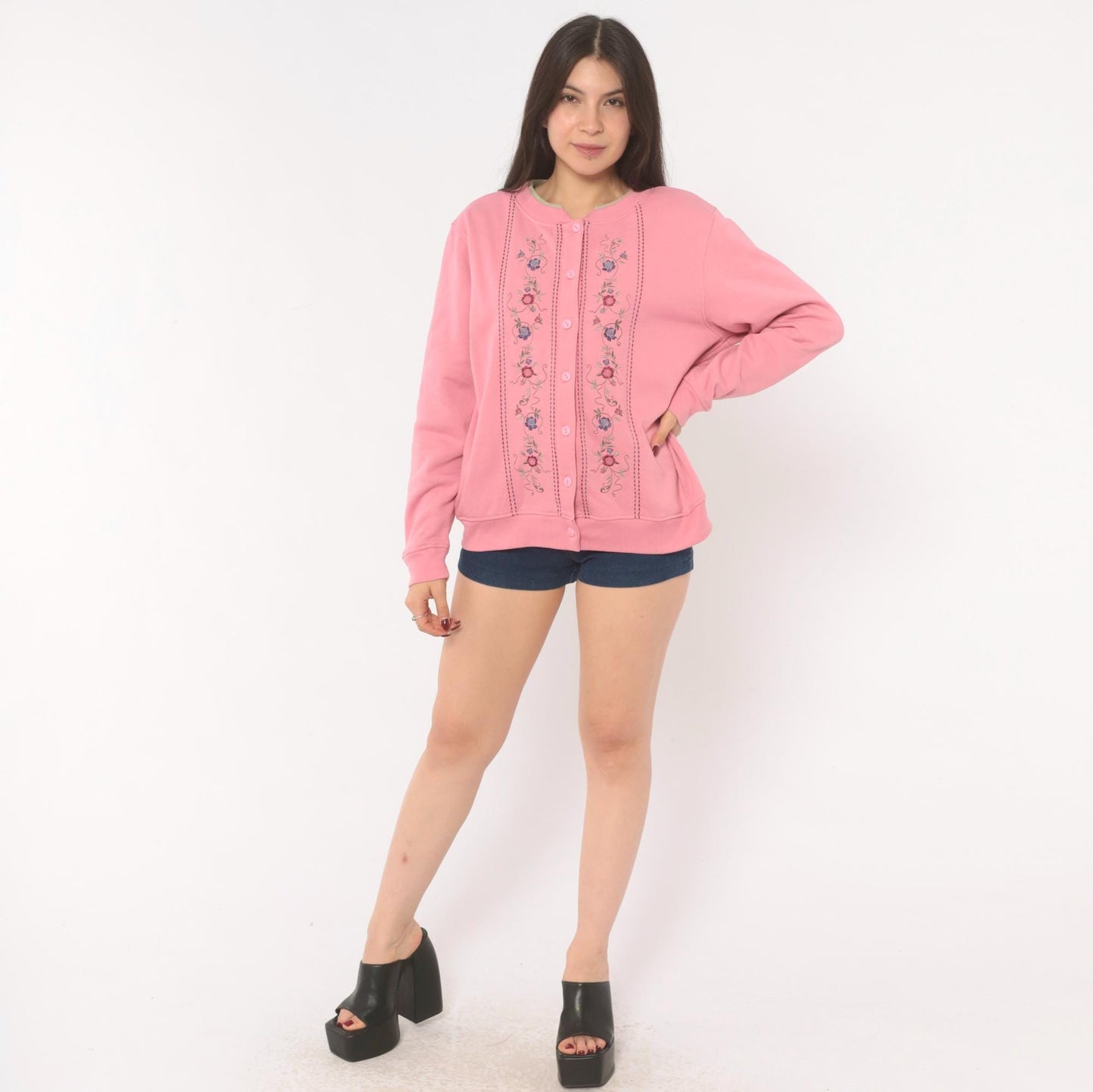 90s Shenanigans Floral Embroidered Cardigan Pink Cotton Button Front Medium