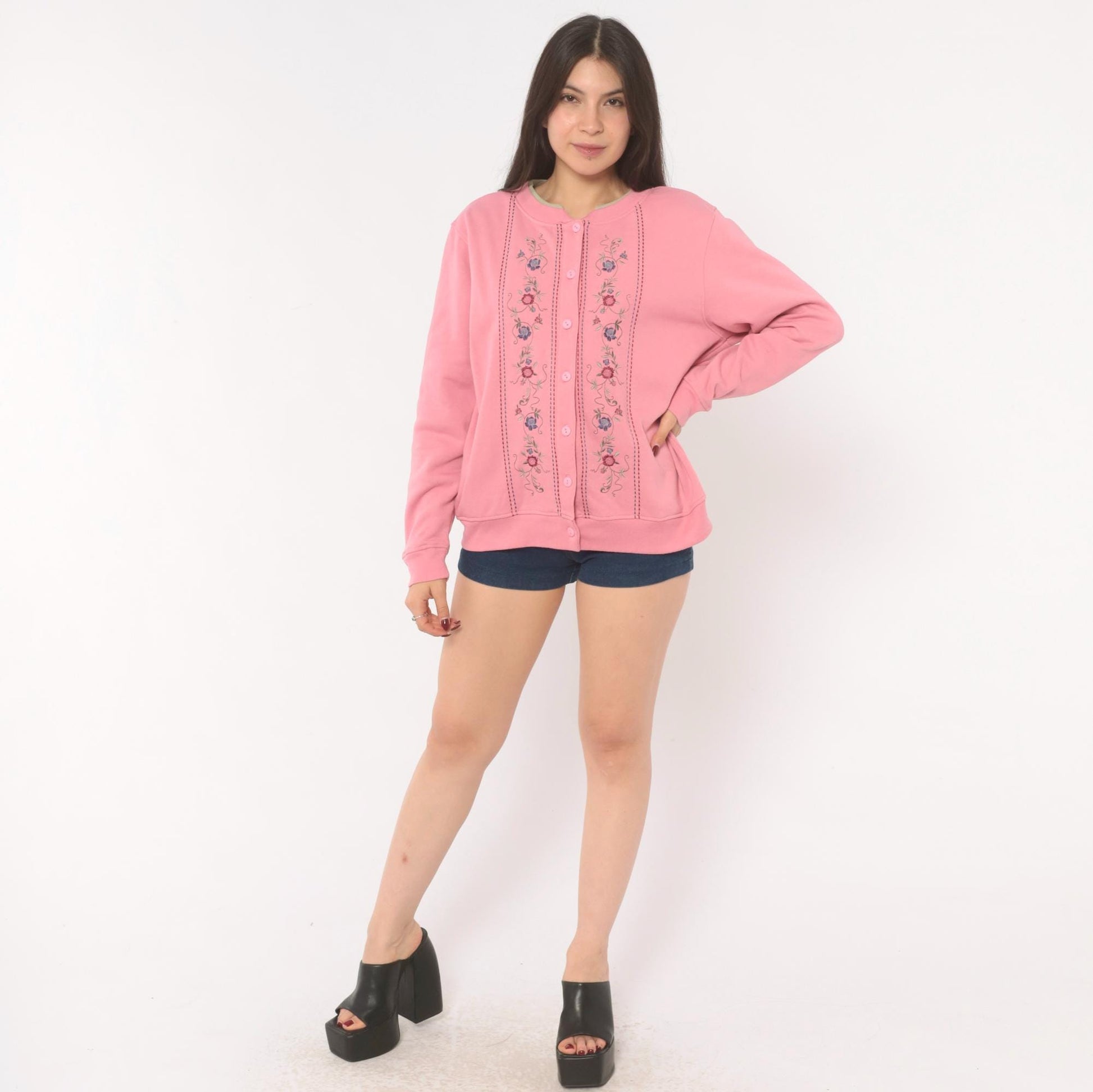 90s Shenanigans Floral Embroidered Cardigan Pink Cotton Button Front Medium