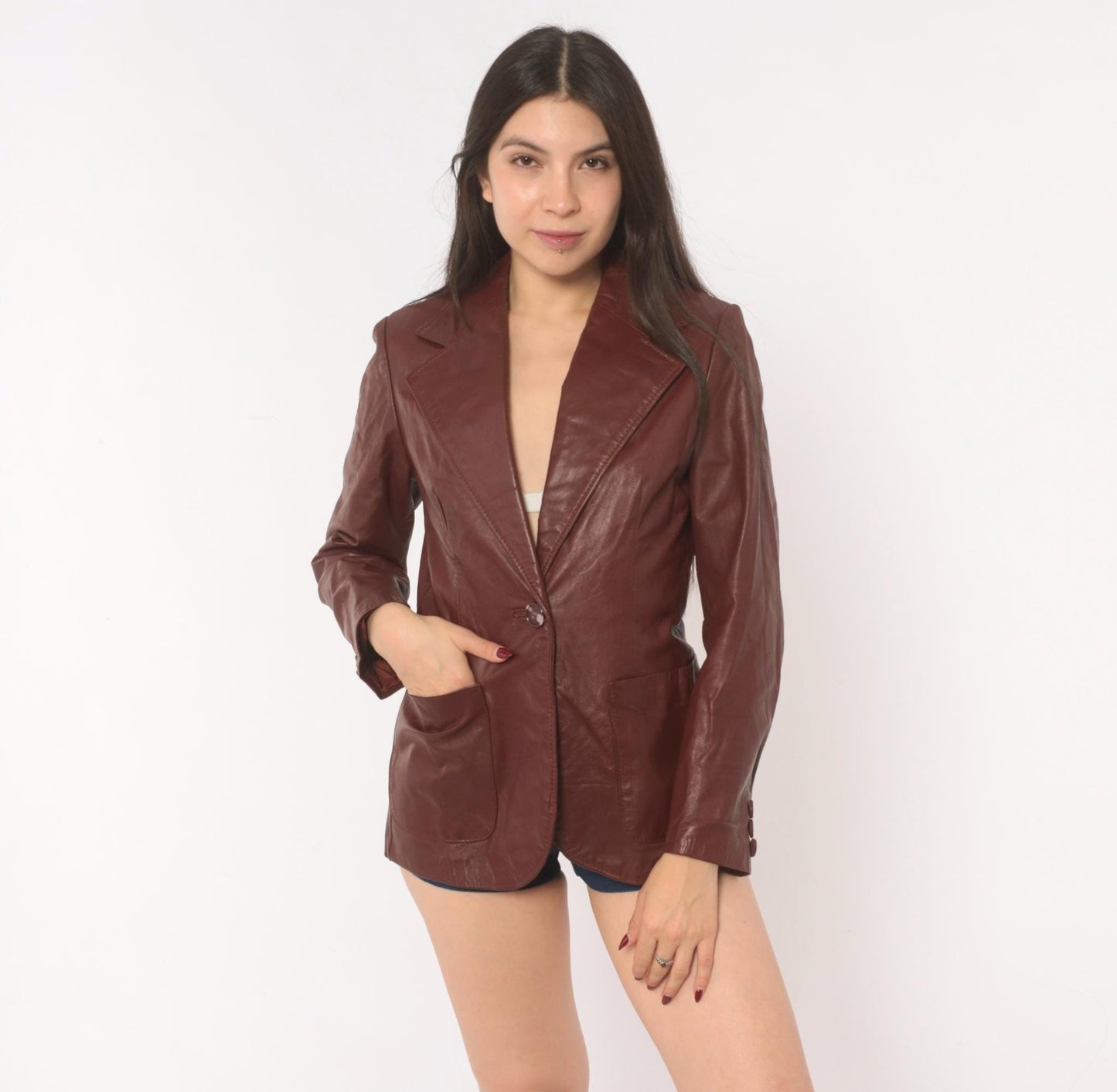 70s Burgundy Leather Blazer Single Button Notched Lapel Fitted Waist XS