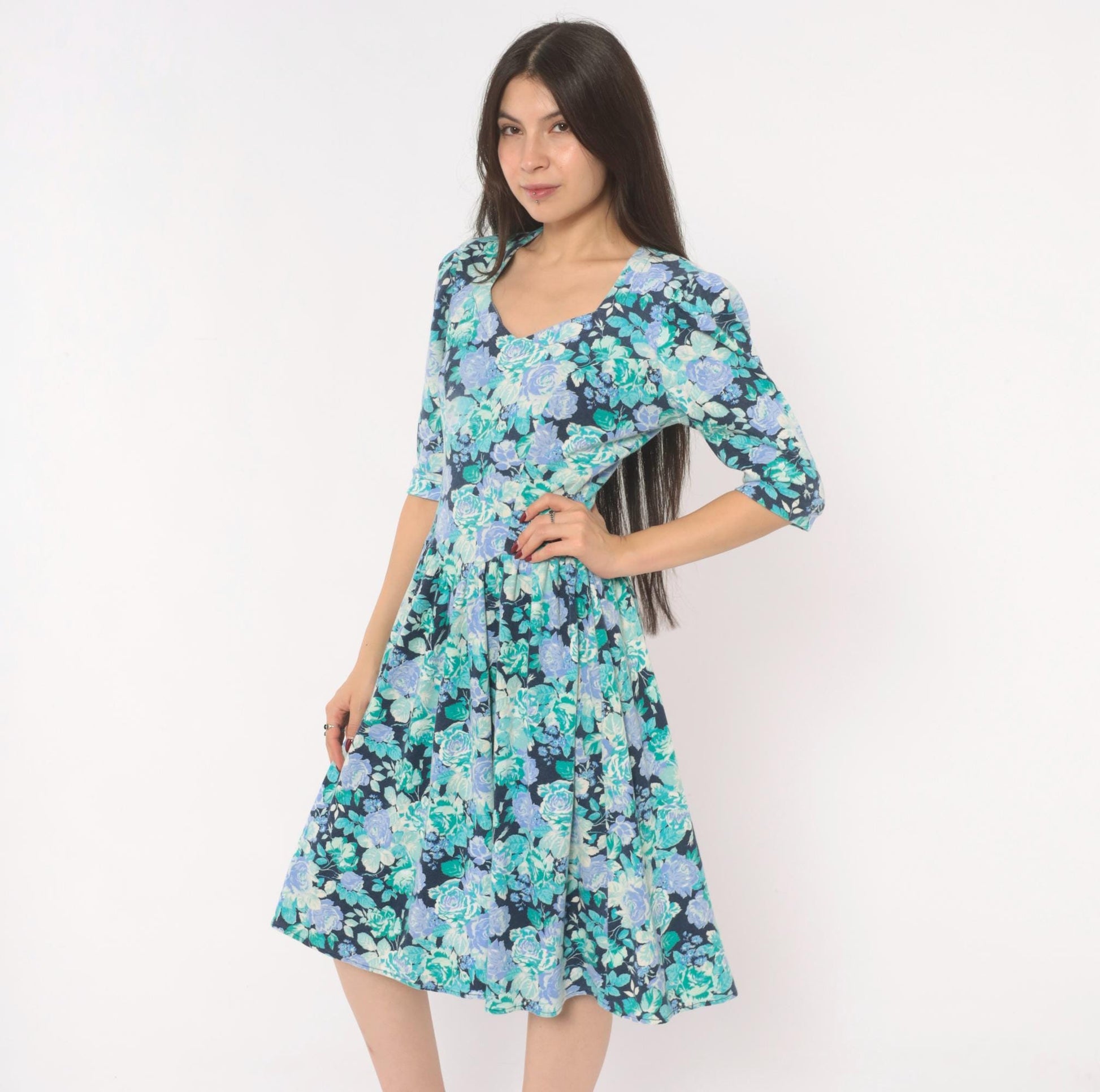 80s Stash Floral Dress Rose Print Sweetheart Neckline Puff Sleeve Navy Extra Small XS