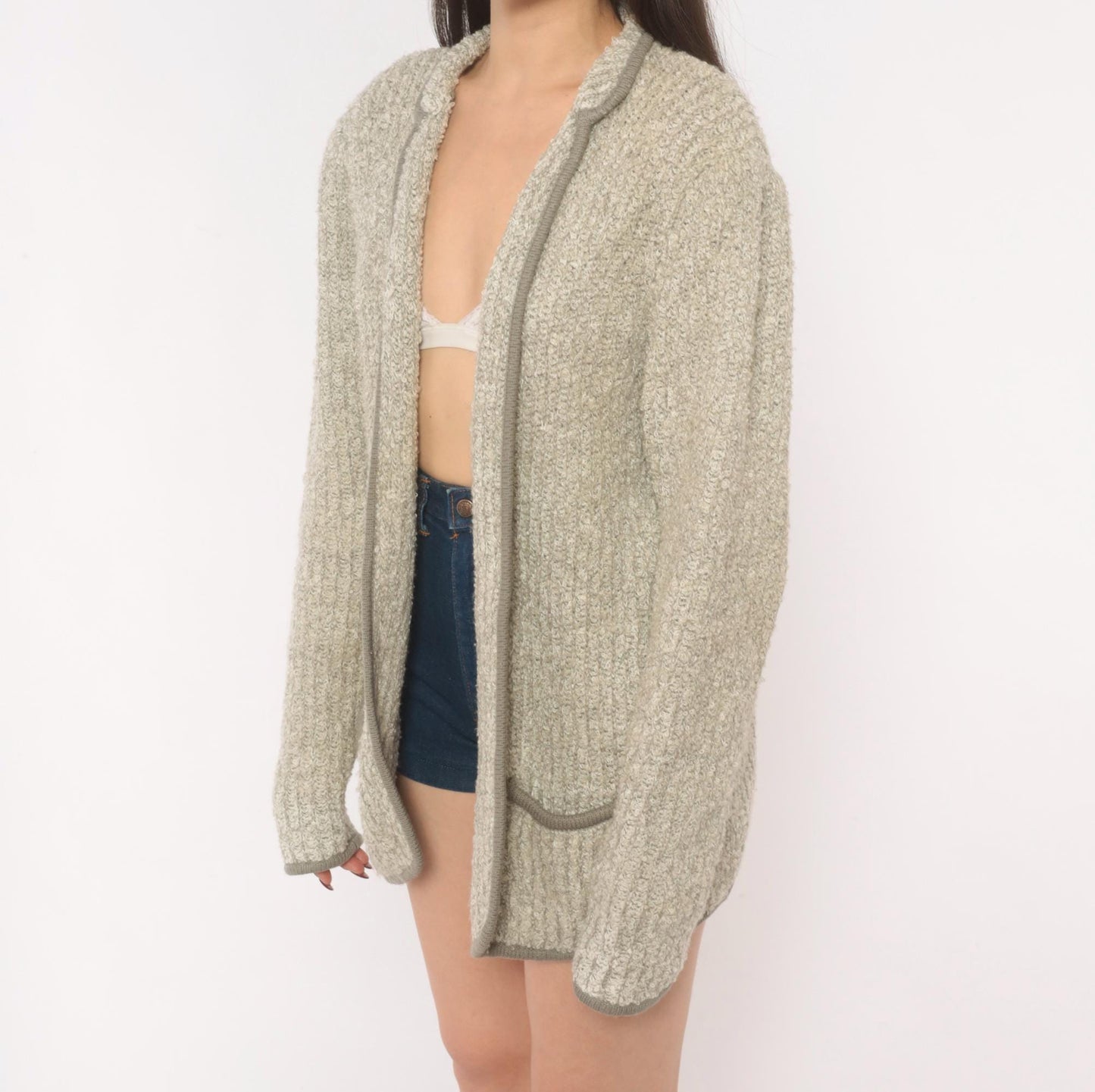 70s Harrington Square Bouclé Cardigan Grey Patch Pocket Knit Large L