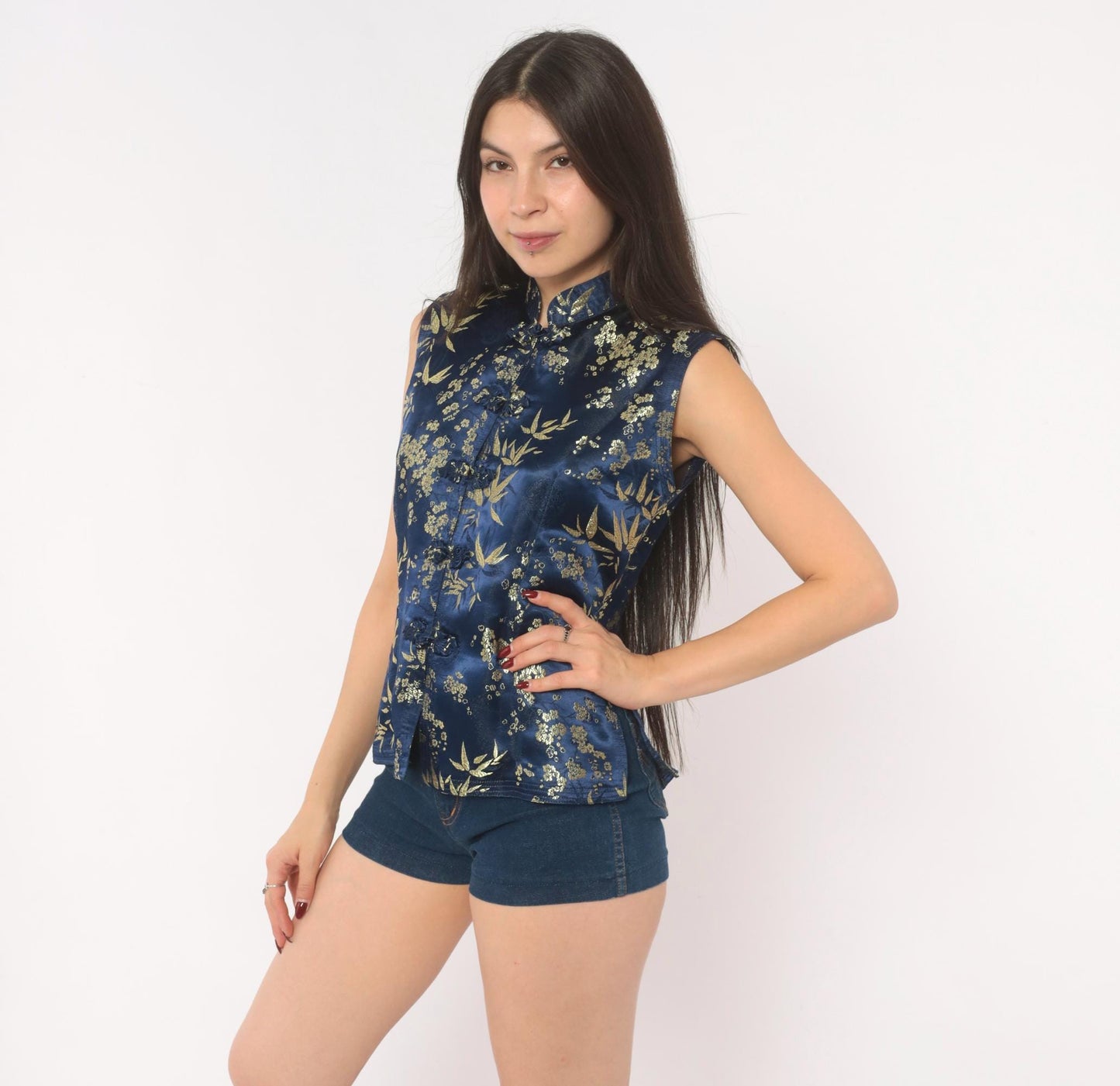 90s Navy Silk Cheongsam Vest Gold Bamboo Brocade Mandarin Collar Small S