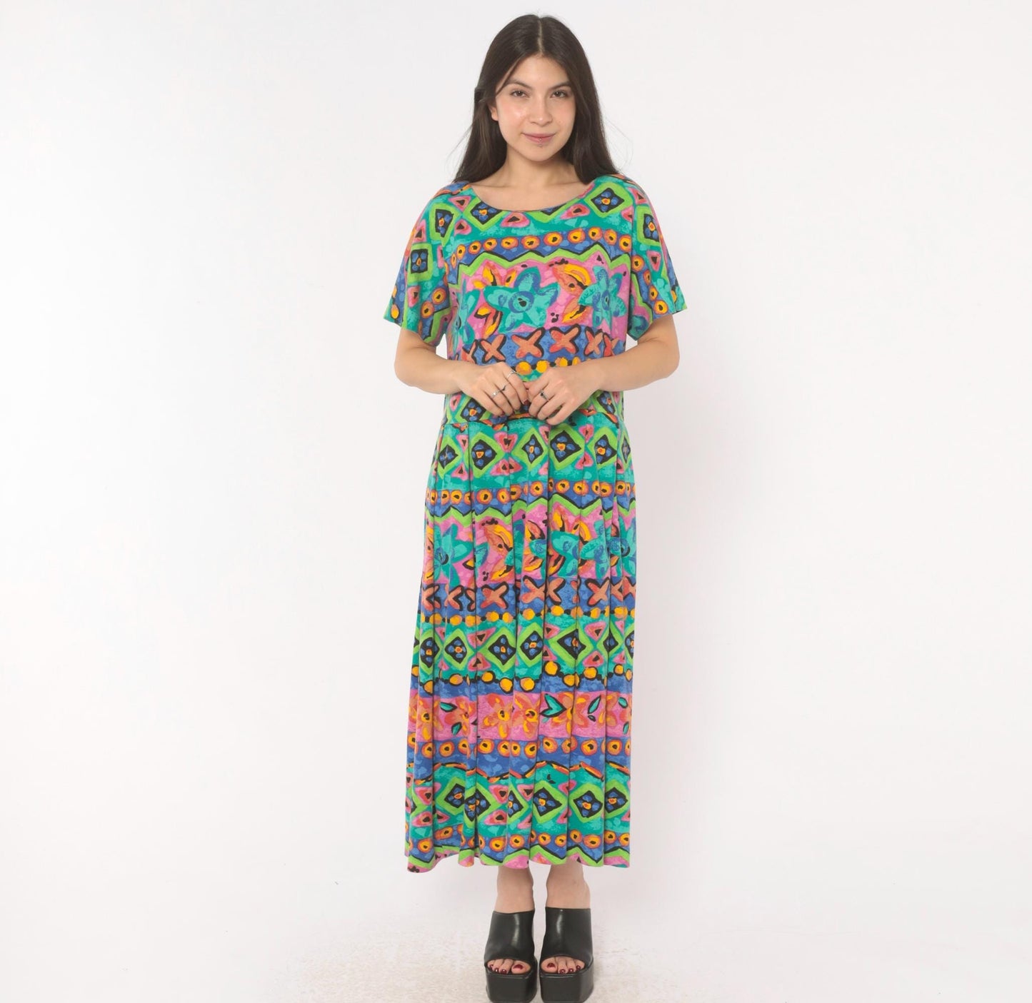 90s Sabino Geometric Tribal Print Maxi Dress Teal Pink Yellow Large L