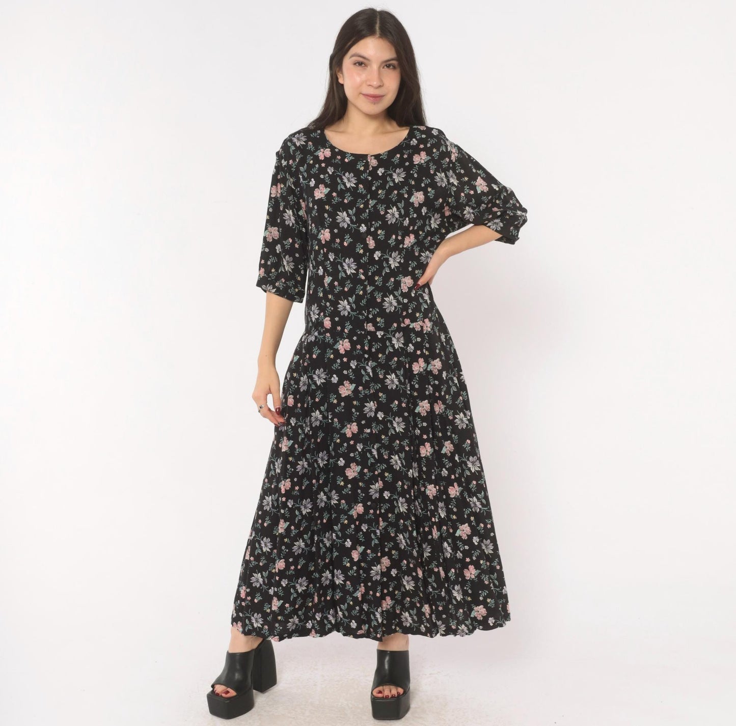 Y2K Putumayo Black Floral Maxi Dress Pink Lavender Button Front Large L