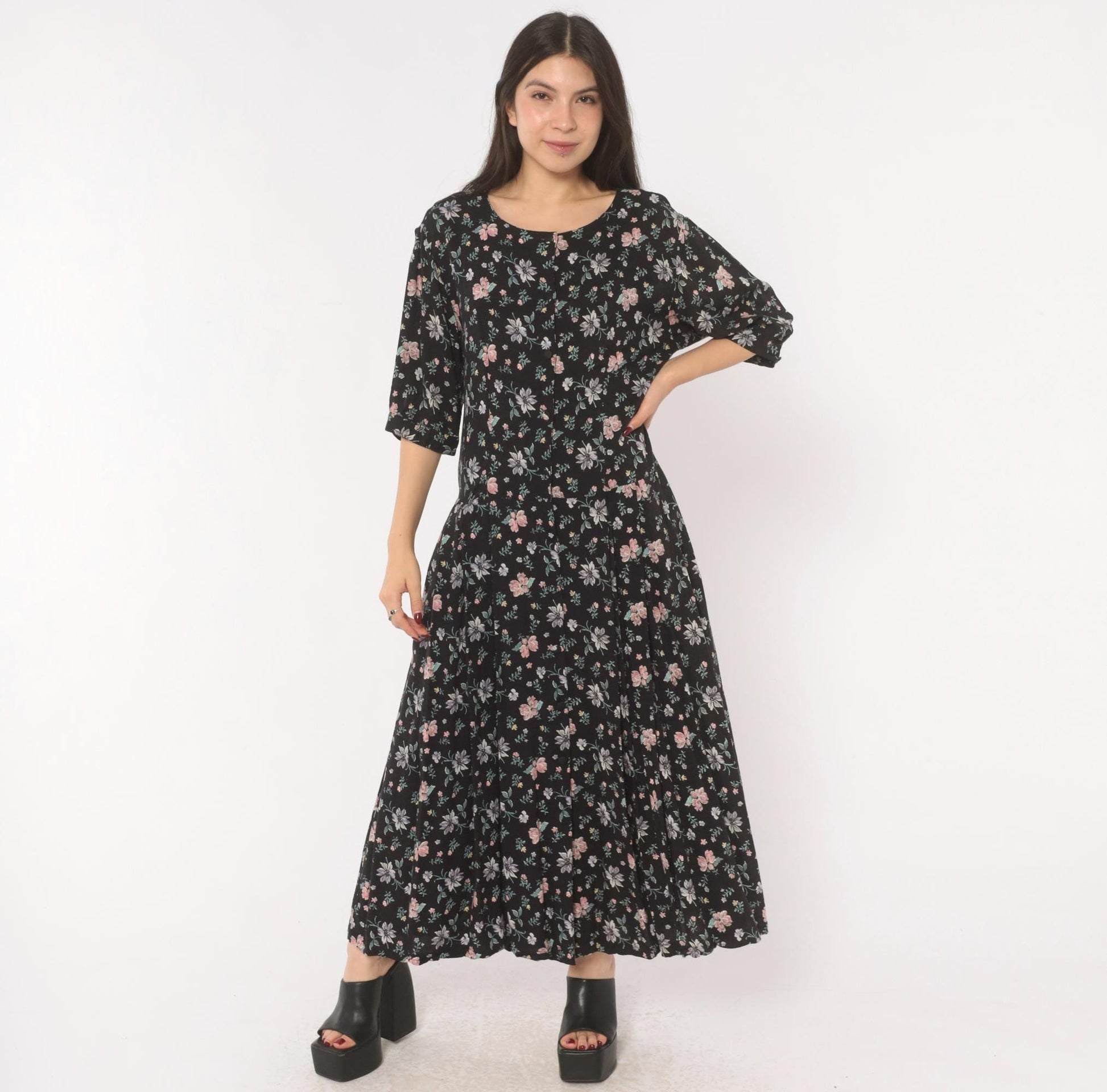 Y2K Putumayo Black Floral Maxi Dress Pink Lavender Button Front Large L