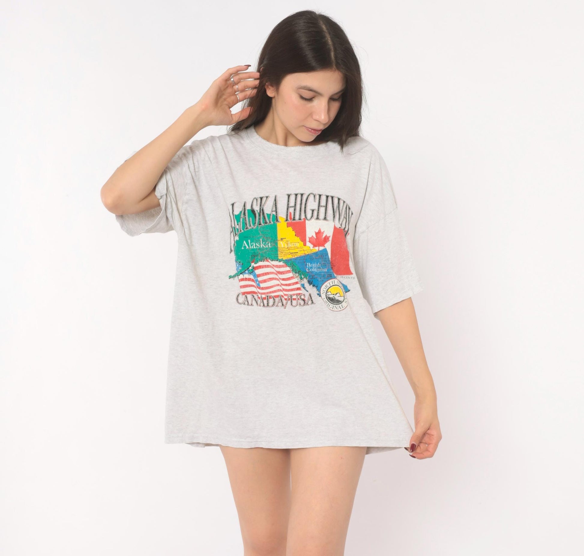 90s Alaska Highway Map Graphic Tee Gildan Heather Grey Extra Large XL