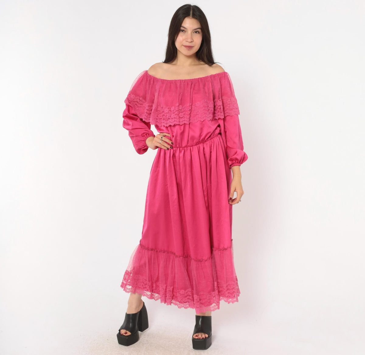 80s Hot Pink Off-Shoulder Midi Dress Lace Ruffle Balloon Sleeve Medium M