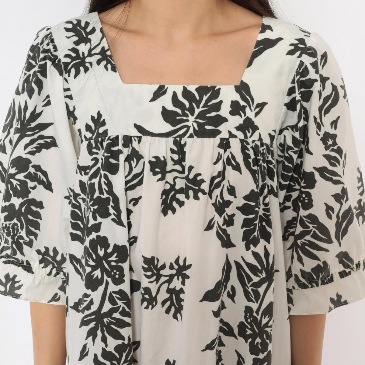 90s Nani Liberty House Hawaiian Floral Square Neck Puff Sleeve Dress Black White Small S