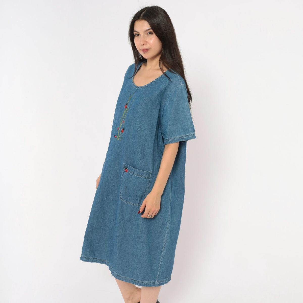 90s Blair Ladybug Embroidered Denim Shift Dress Blue Knee-Length Extra Large