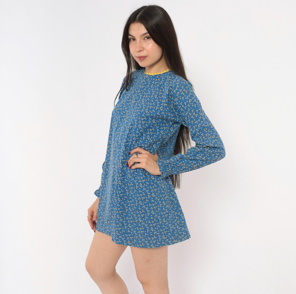 70s Ditsy Floral Cotton Mini Dress Blue Yellow Ric Rac Long Sleeve Extra Small XS