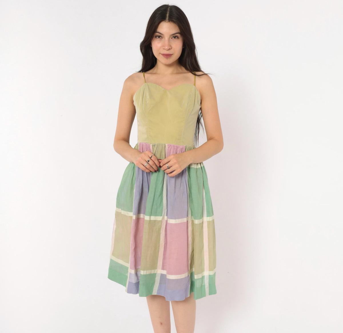 60s Pastel Plaid Sundress Sweetheart Neckline Gathered Skirt Cotton XS