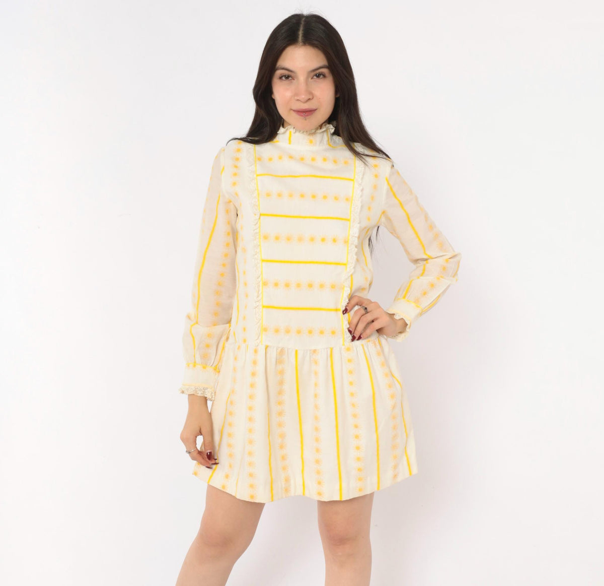 60s Miss Brent Daisy Stripe Mini Dress Yellow Cream Lace High Neck Long Sleeve Extra Small