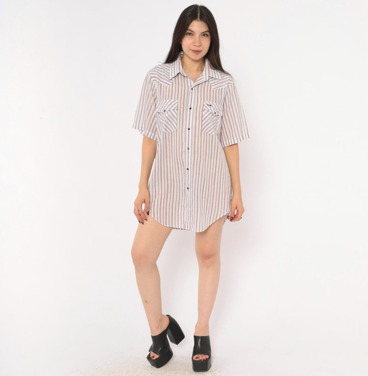 90s Silver Spur Western Snap Shirt Striped Pink Grey White Cotton Medium