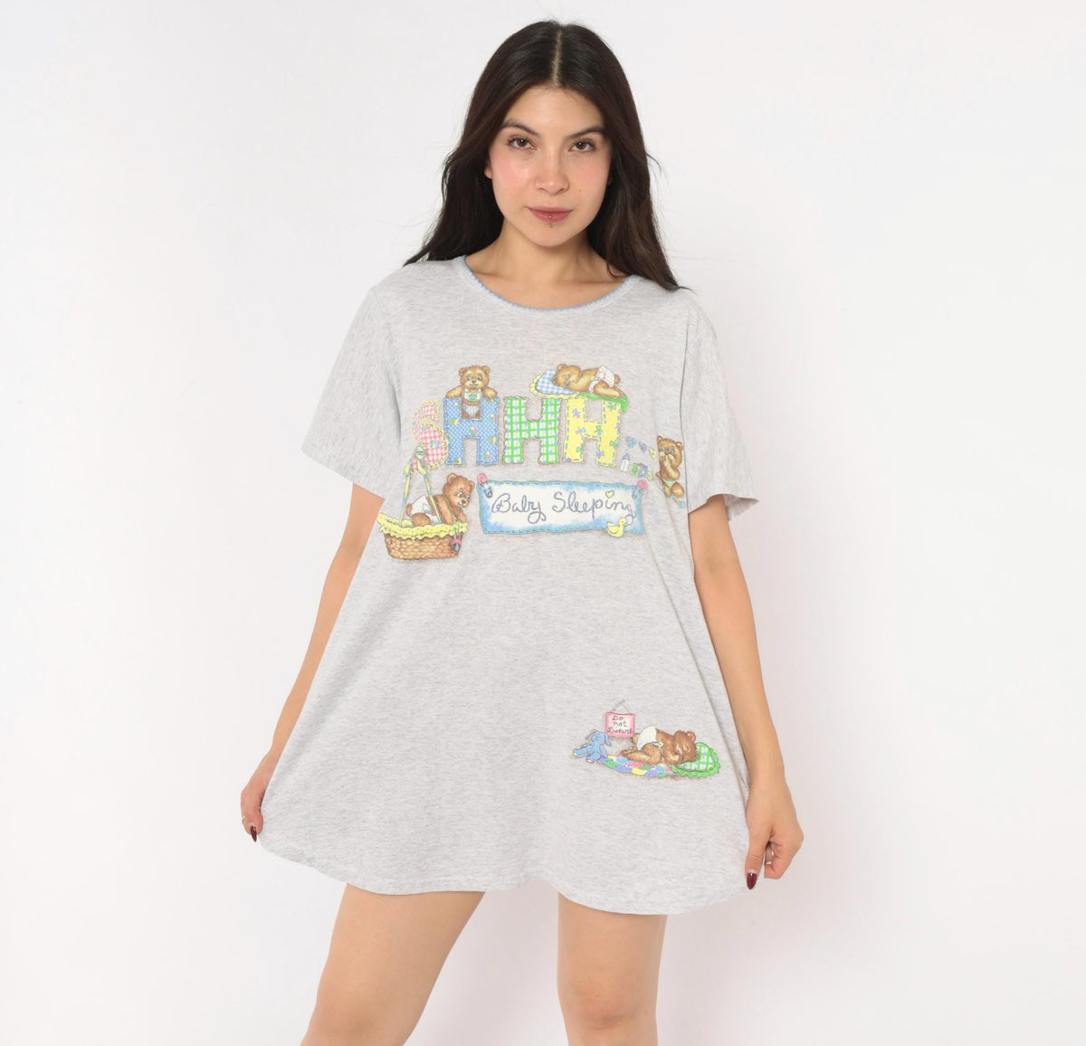 90s New Addition Maternity Sleep Shirt Grey Teddy Bear Graphic Medium