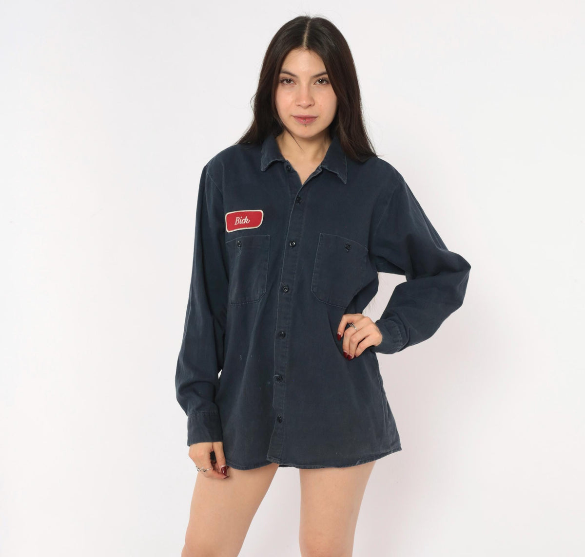 90s Cintas Navy Work Shirt Name Patch Button Front Medium