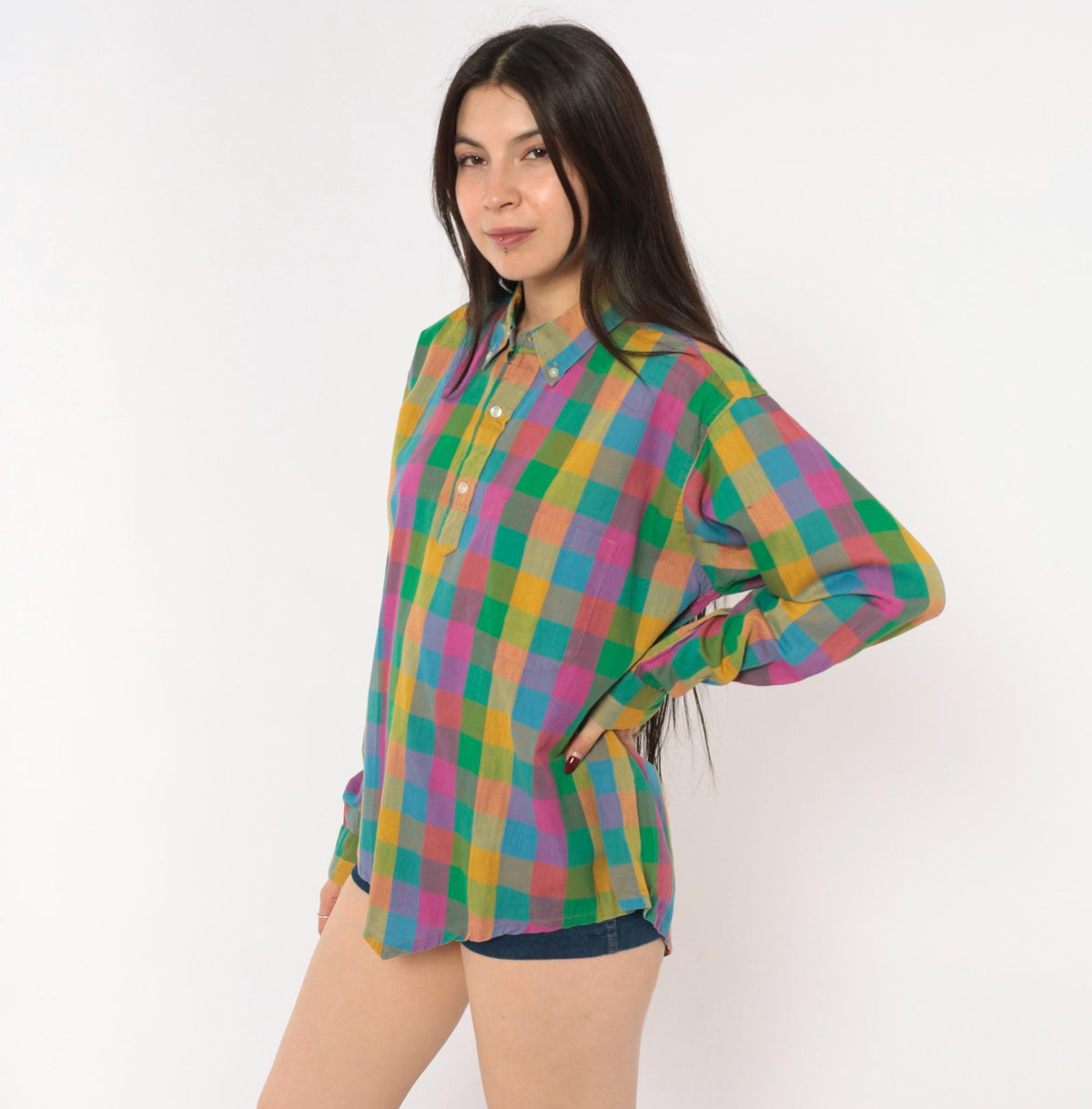 70s Career Club Madras Plaid Button-Down Shirt Multicolor Gingham Large L