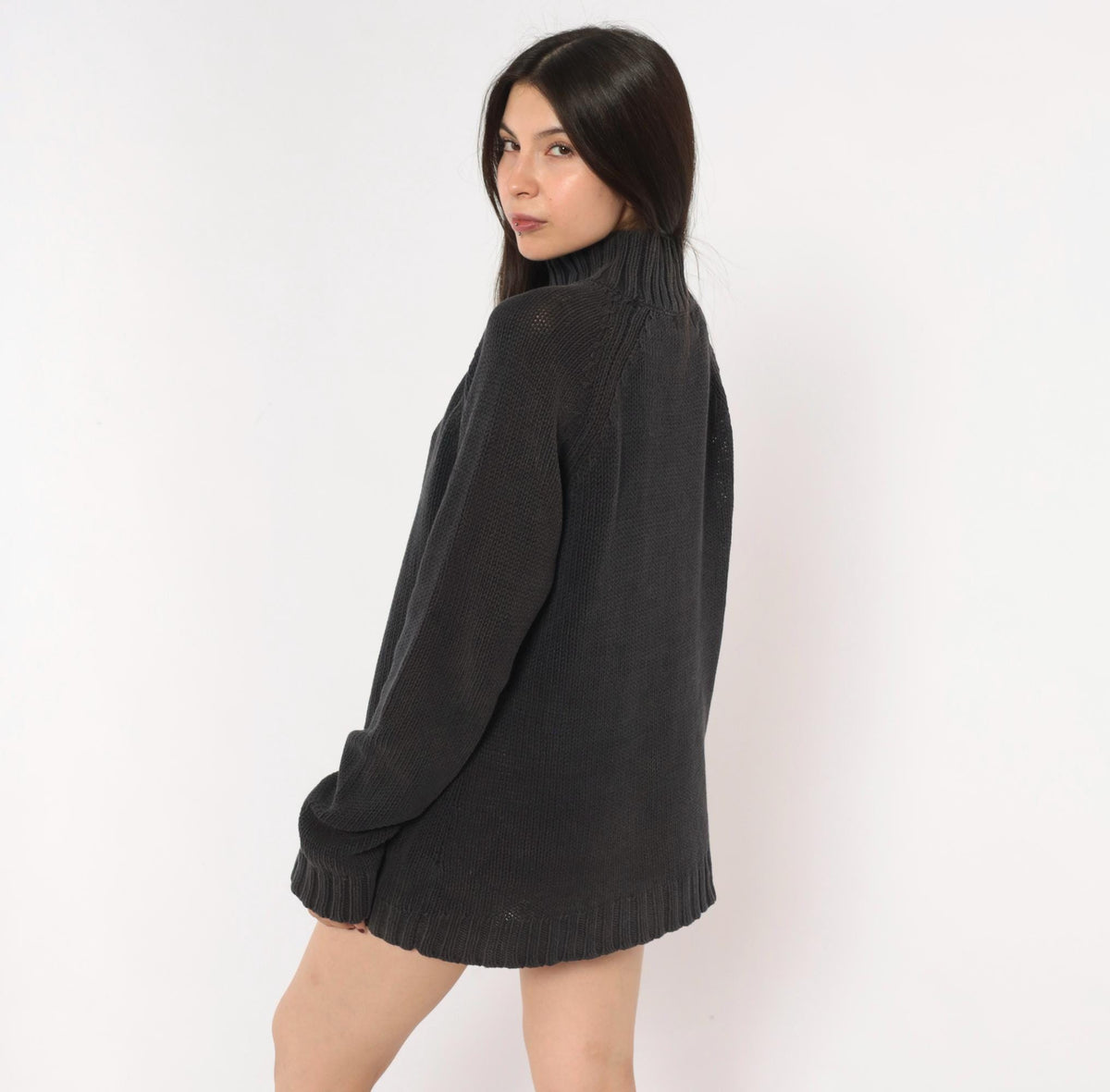 90s Chadwick's Black Mock Neck Sweater Cotton Knit Raglan Pullover Large L