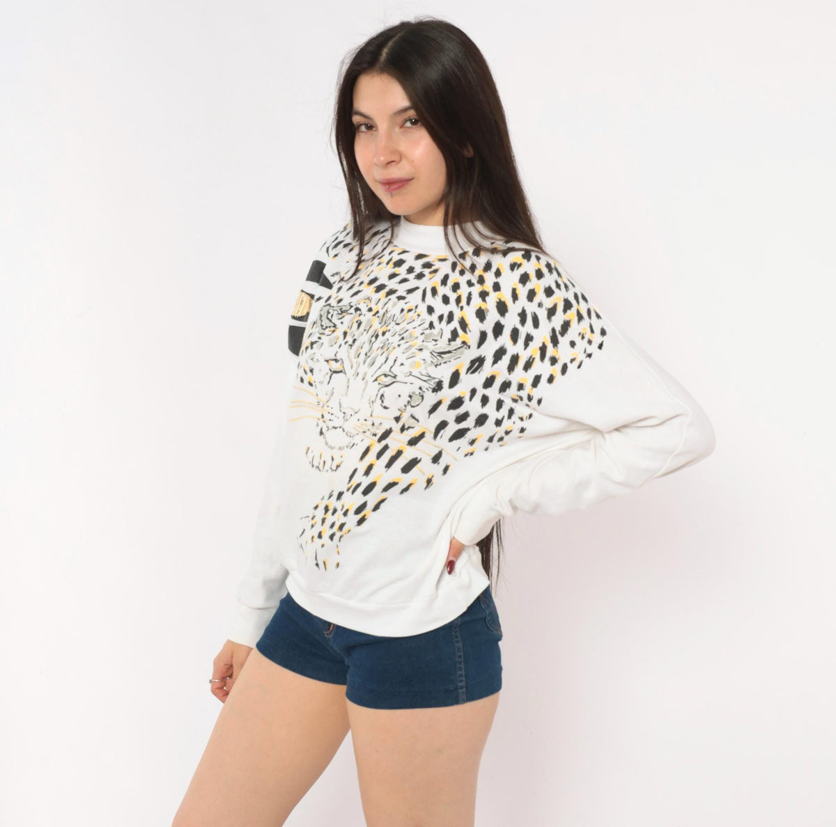 90s Land n Sea Leopard Face Sweatshirt White Gold Metallic Graphic Small