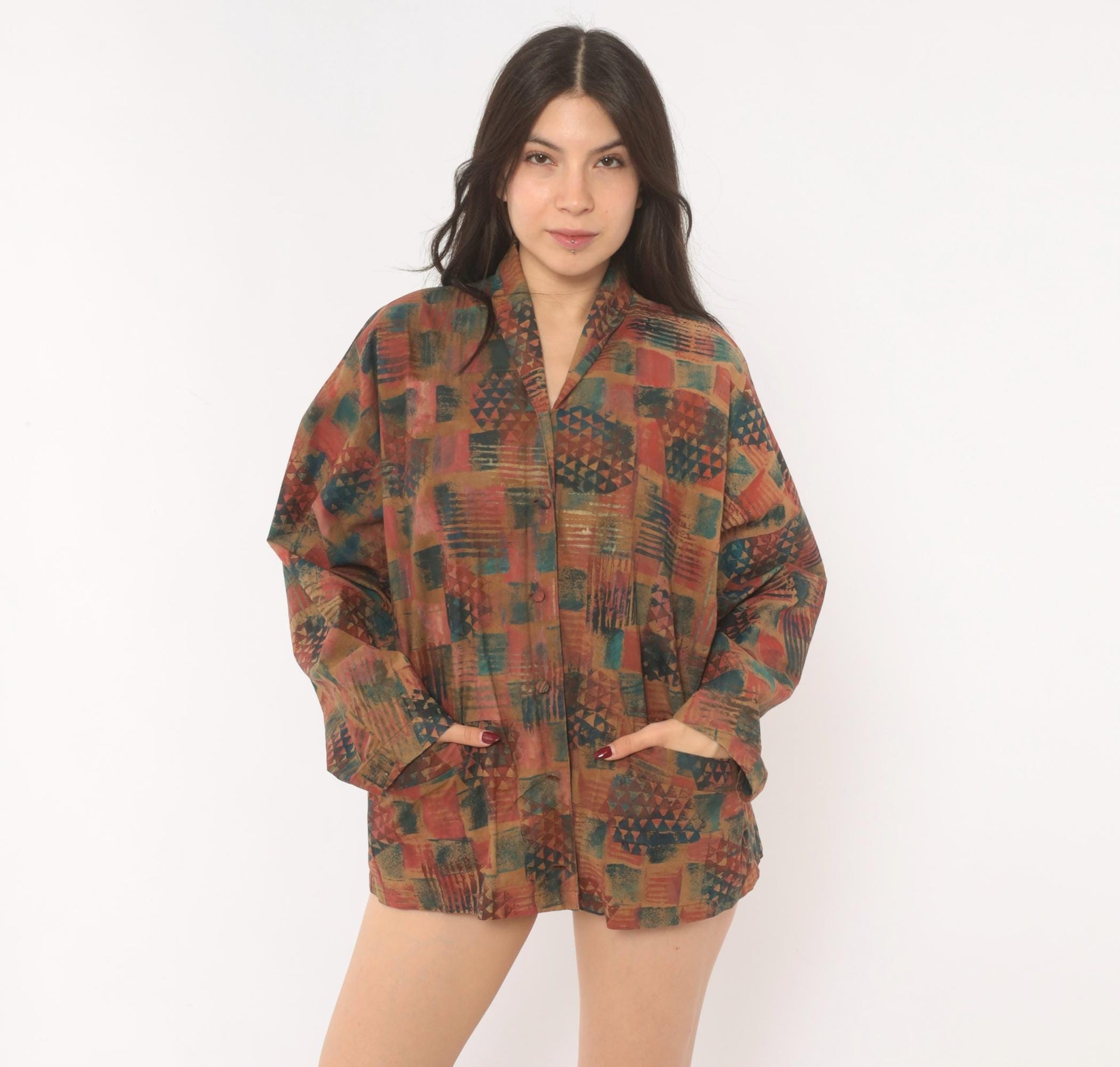 Y2K Abstract Geometric Blazer Shawl Collar Patchwork Rust Teal Medium M