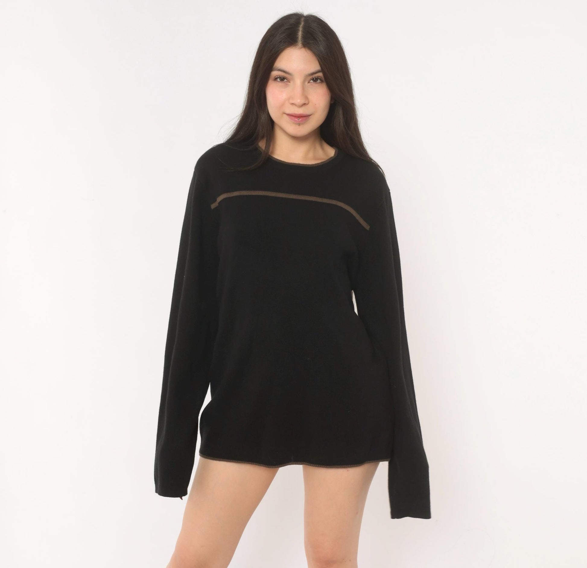 90s Reunion Black Knit Sweater Tan Stripe Crewneck Medium