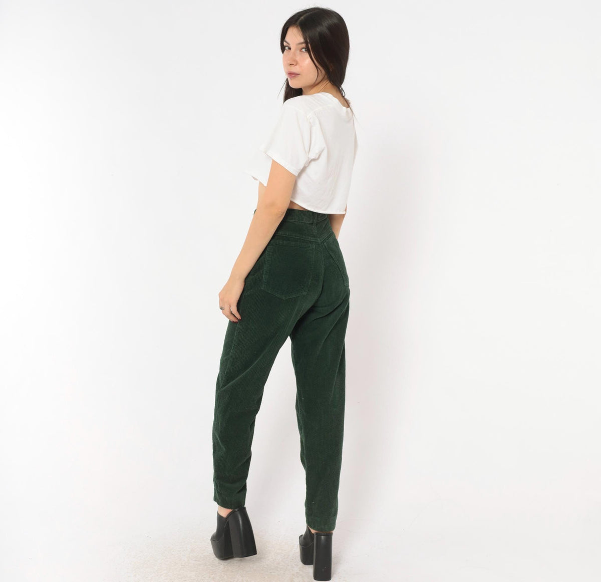 Benetton Emerald Corduroy High-Waist Pants 80s Forest Green Cotton Trousers XS