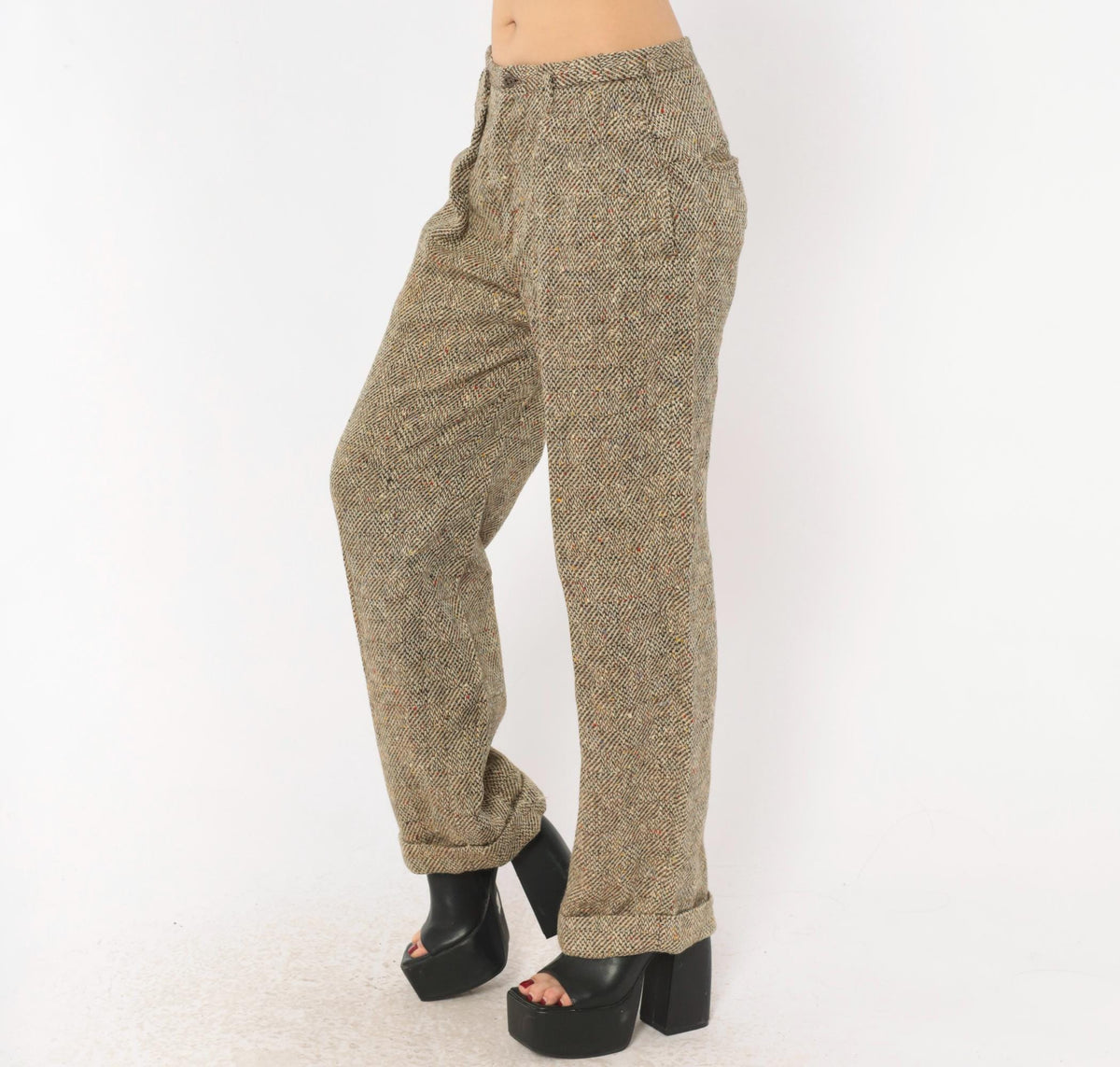 70s Herringbone Tweed Wool Pleated Trousers Tan Cream High Rise Medium
