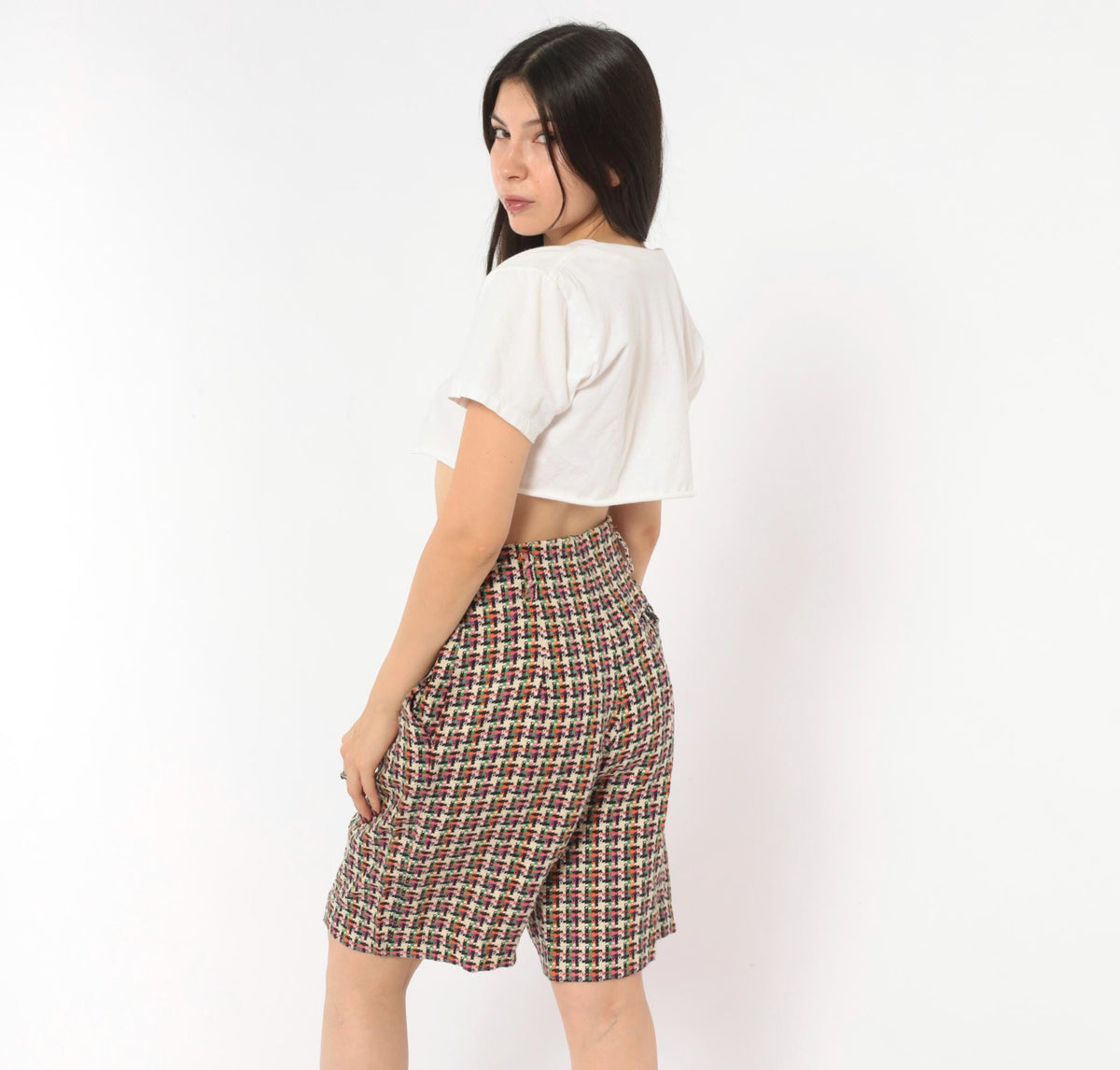 90s For Pete's Sake Houndstooth Pleated Bermuda Shorts Multicolor Linen Small