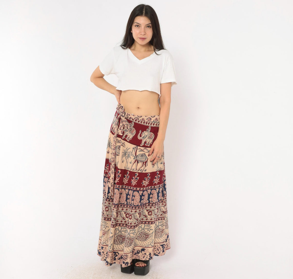 70s Indian Block Print Cotton Wrap Skirt Maxi Burgundy Navy Elephant Peacock Small