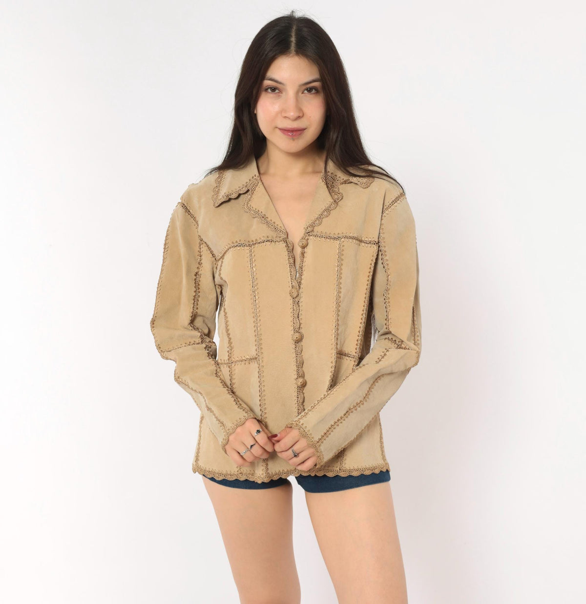 2000s Tan Suede Patchwork Jacket Crochet Trim Button Front Medium