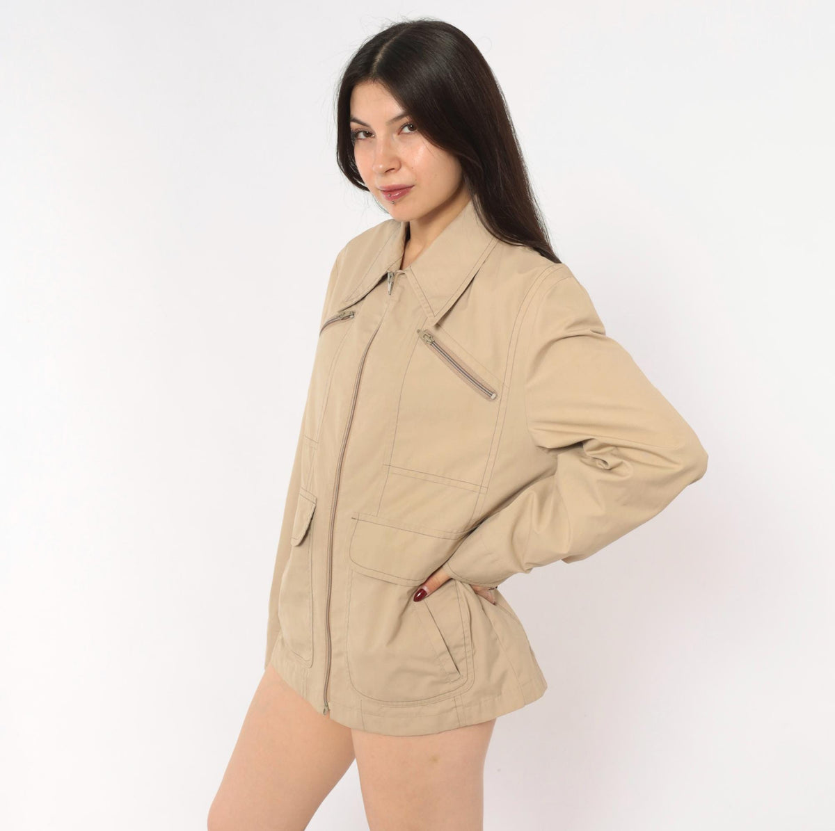 80s London Fog Tan Zip Jacket Utility Coat Multi Pocket Medium