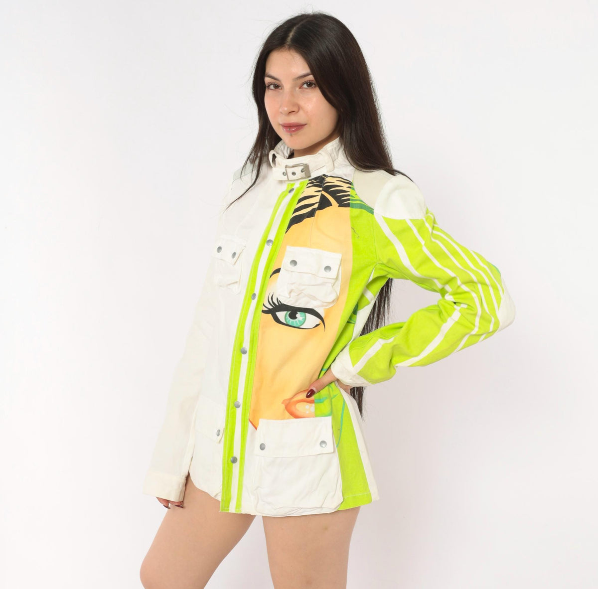 Y2K Custo Barcelona Pop Art Face Jacket White Lime Green Cotton Small S