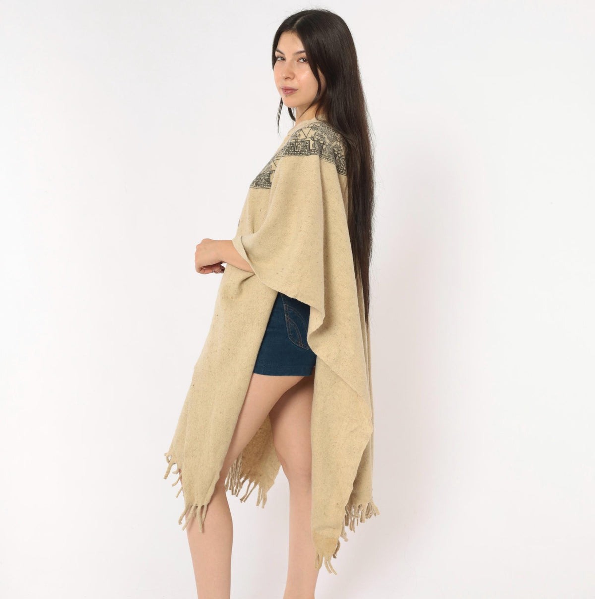 90s Aztec Calendar Wool Blend Poncho Cream Mandarin Collar Fringe Hem