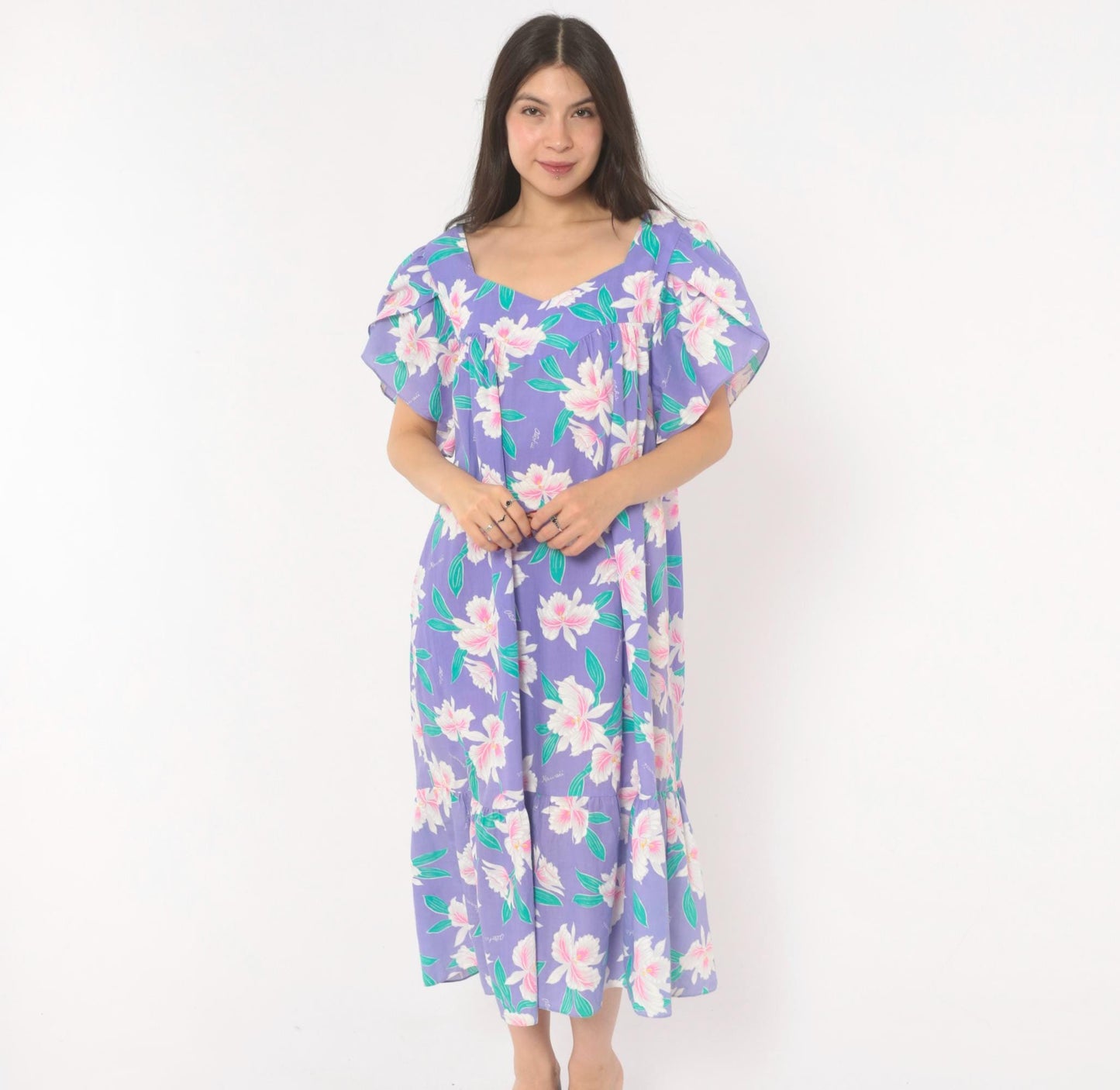 80s Jade Fashions Hawaiian Muumuu Dress Purple Orchid Floral Plus Size XXL