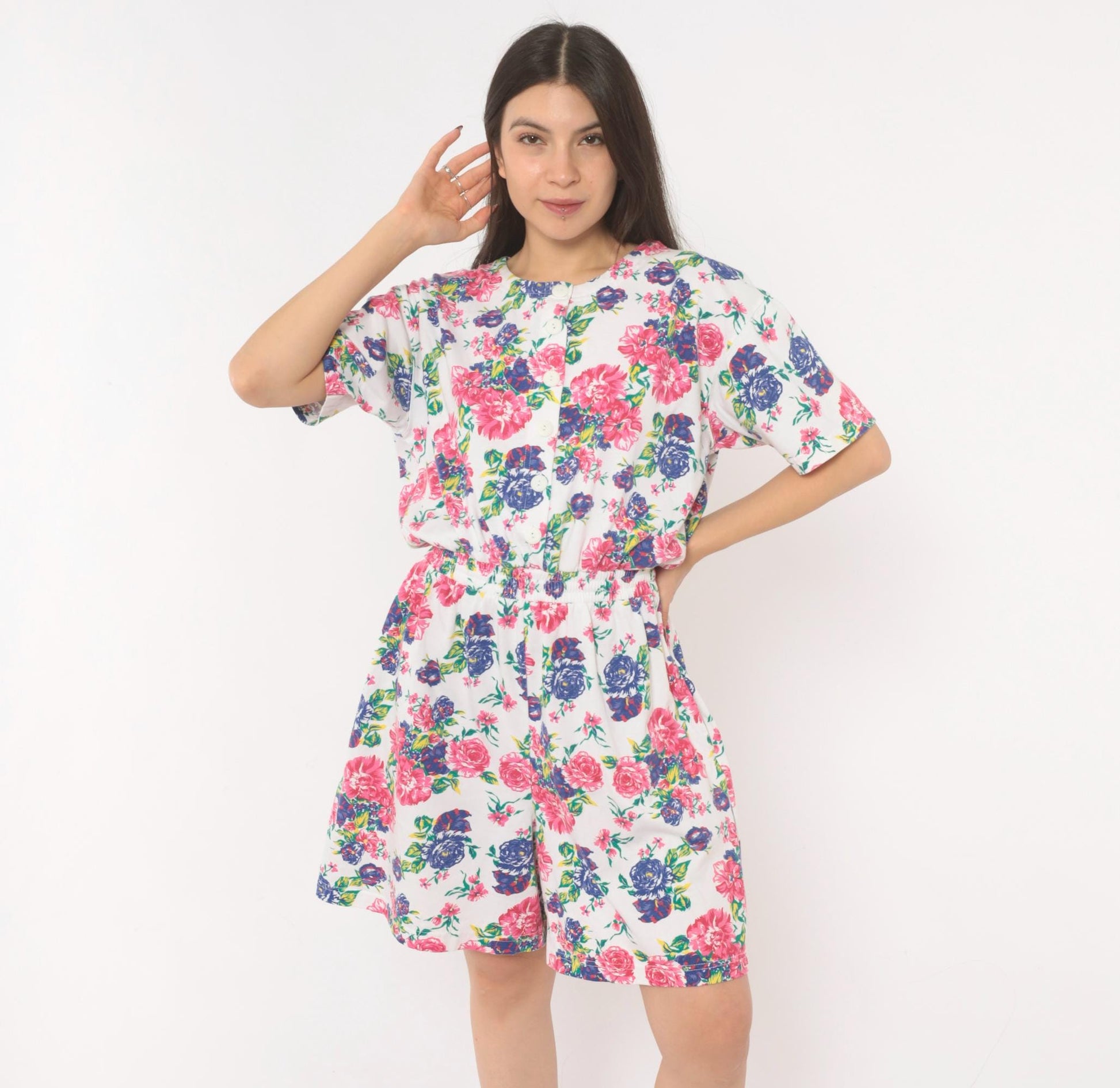 90s Jason Maxwell Floral Romper White Pink Rose Print Cotton Playsuit Medium
