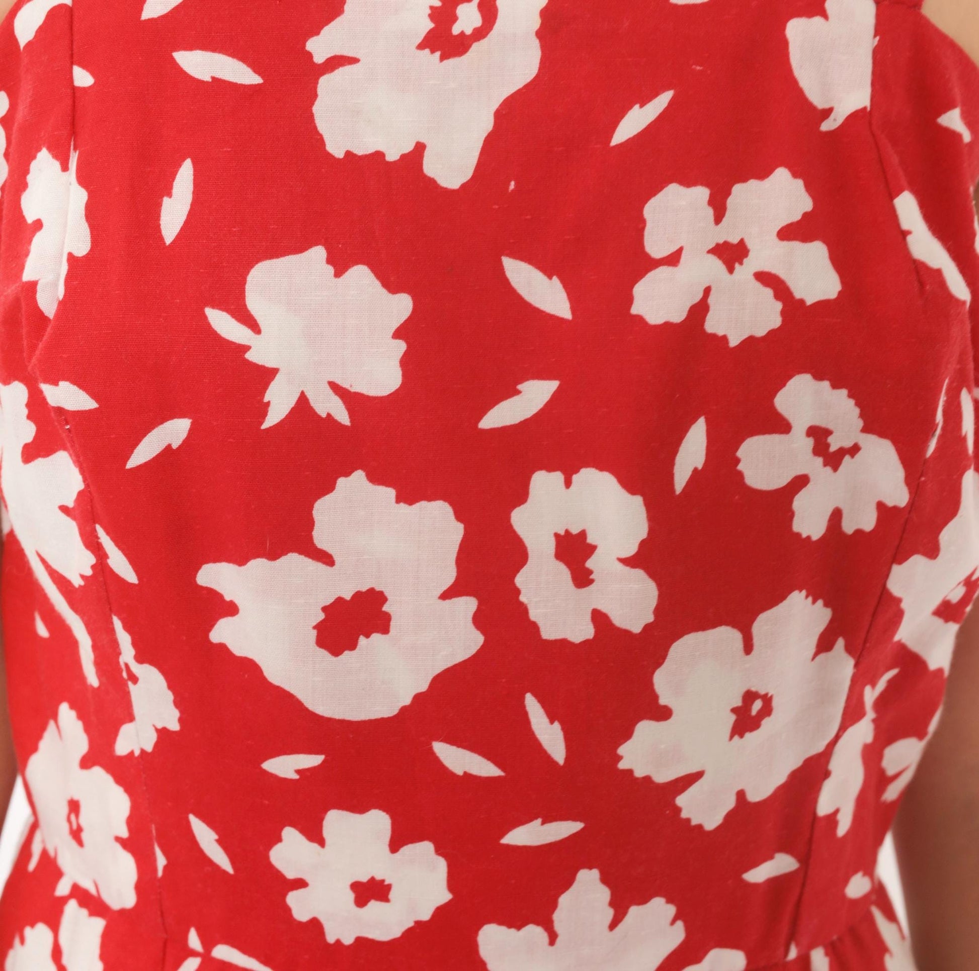 80s Red Floral Cotton Sundress White Square Neck A-Line Knee Length Extra Small XS
