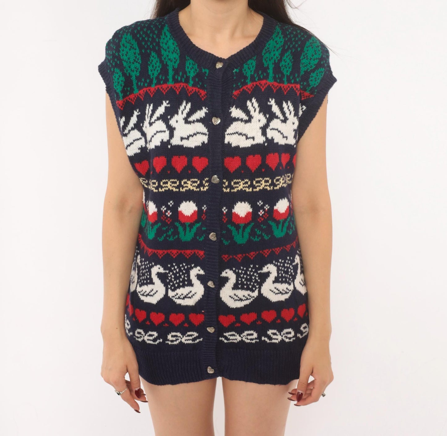 80s Dean's of Scotland Folk Art Sweater Vest Navy Intarsia Knit Medium M