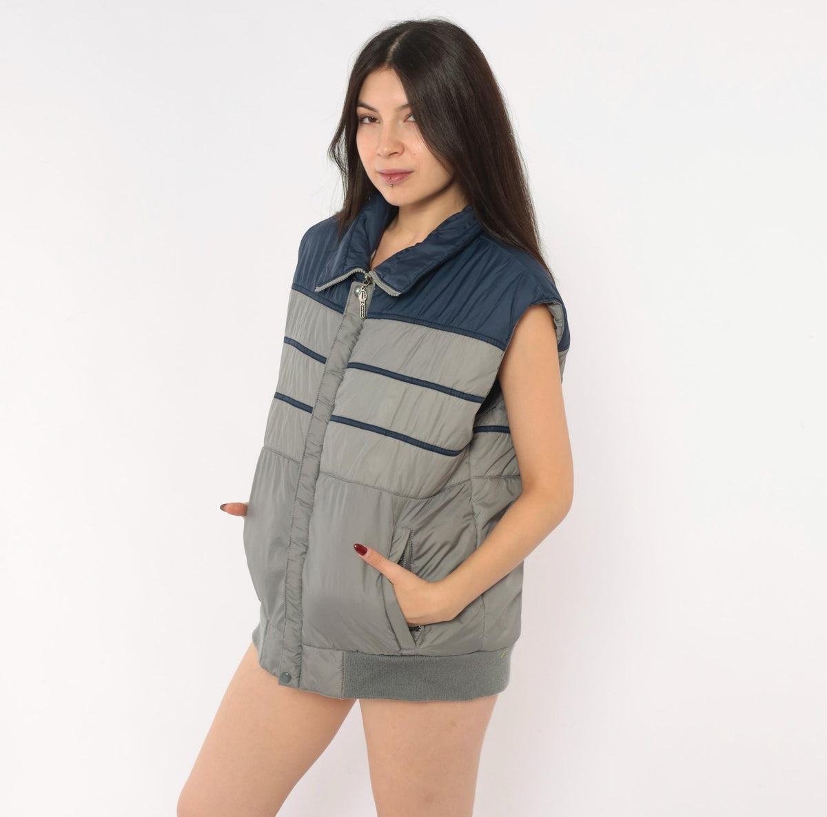 80s Ossi Navy Grey Color Block Puffer Vest Quilted Mens Medium