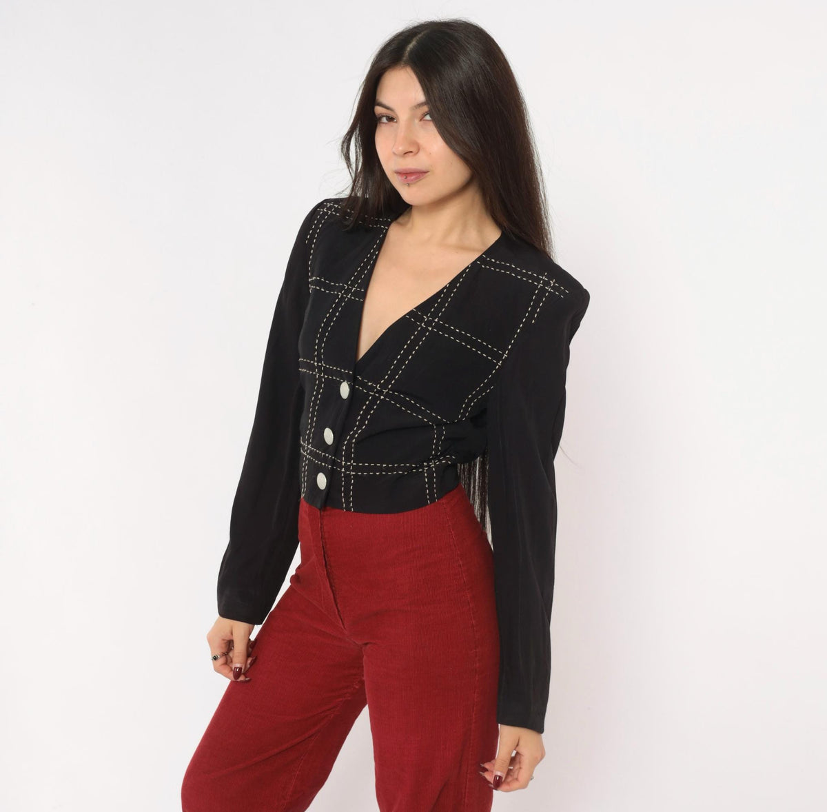 90s Karen Kane Cropped Blazer Black White Grid Stitch V-Neck Extra Small XS
