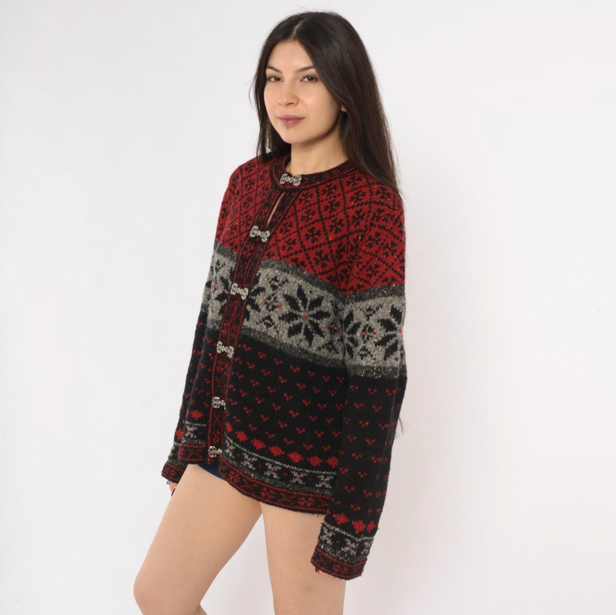 90s Croft & Barrow Nordic Cardigan Wool Blend Fair Isle Snowflake Black Grey Medium M