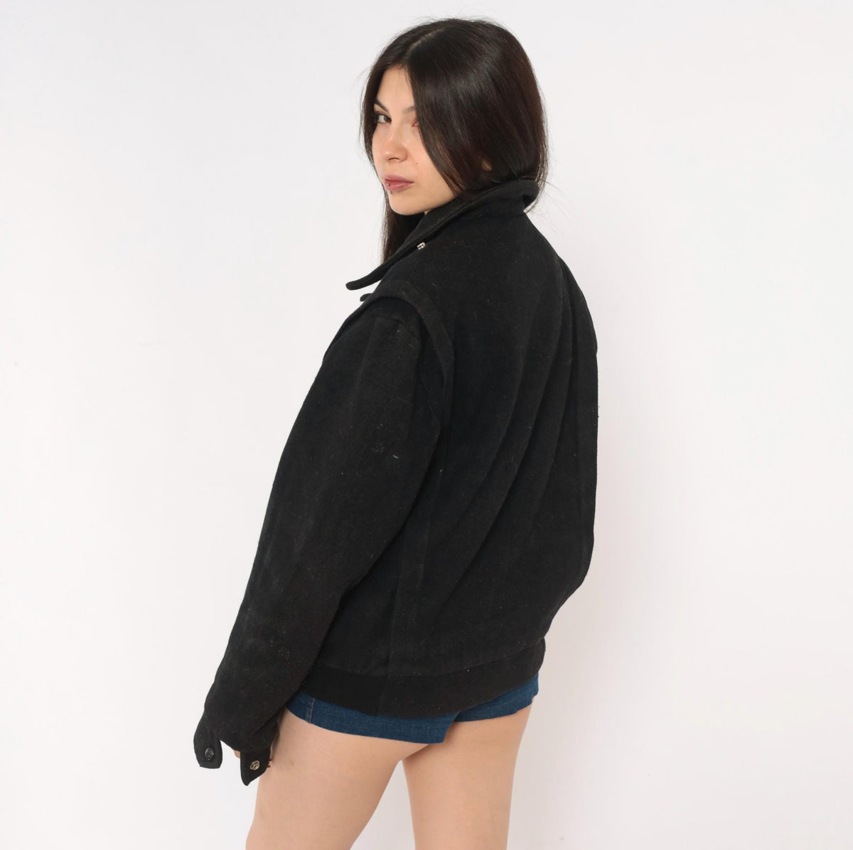 80s Fan Club Wool Blend Bomber Jacket Black Zip Front Mens Small