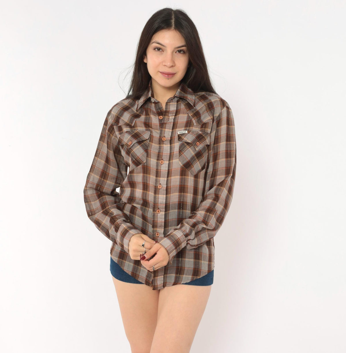 70s Kennington Plaid Button-Up Shirt Brown Tan Western Yoke Small