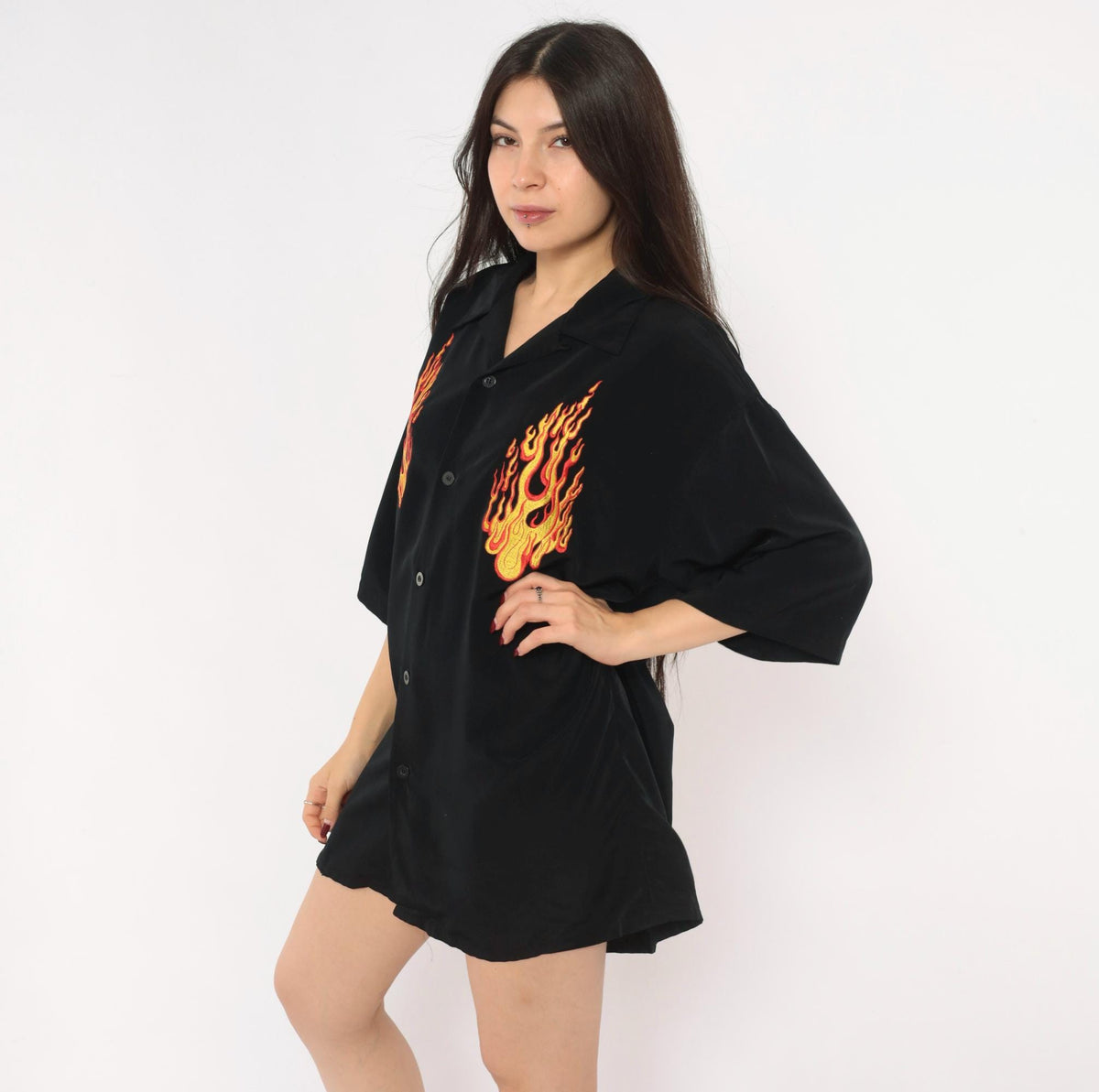 2000s Silver Point Black Bowling Shirt Flame Embroidered Camp Collar Extra Large XL